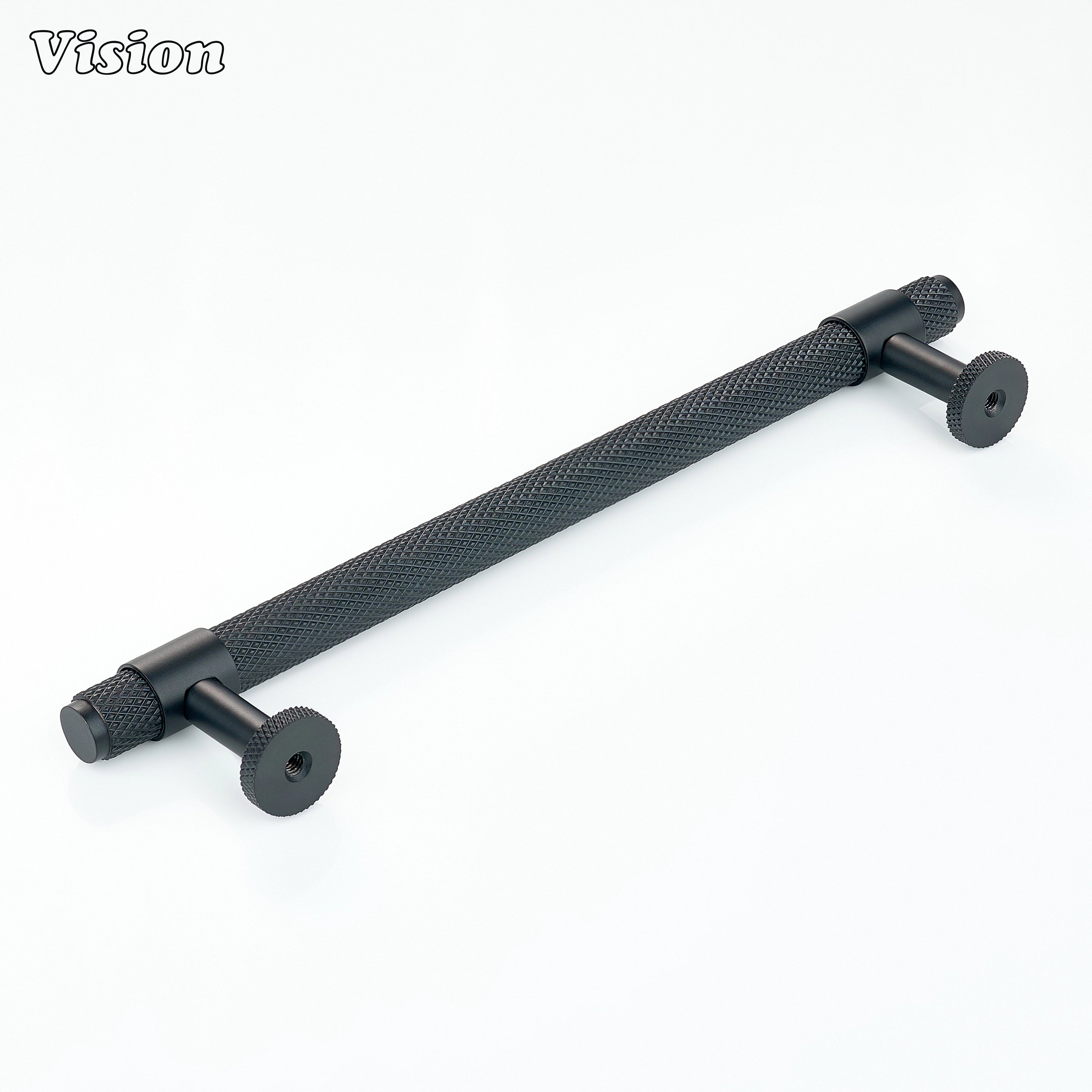 Black cabinet handle with linear knurled bar for wardrobes