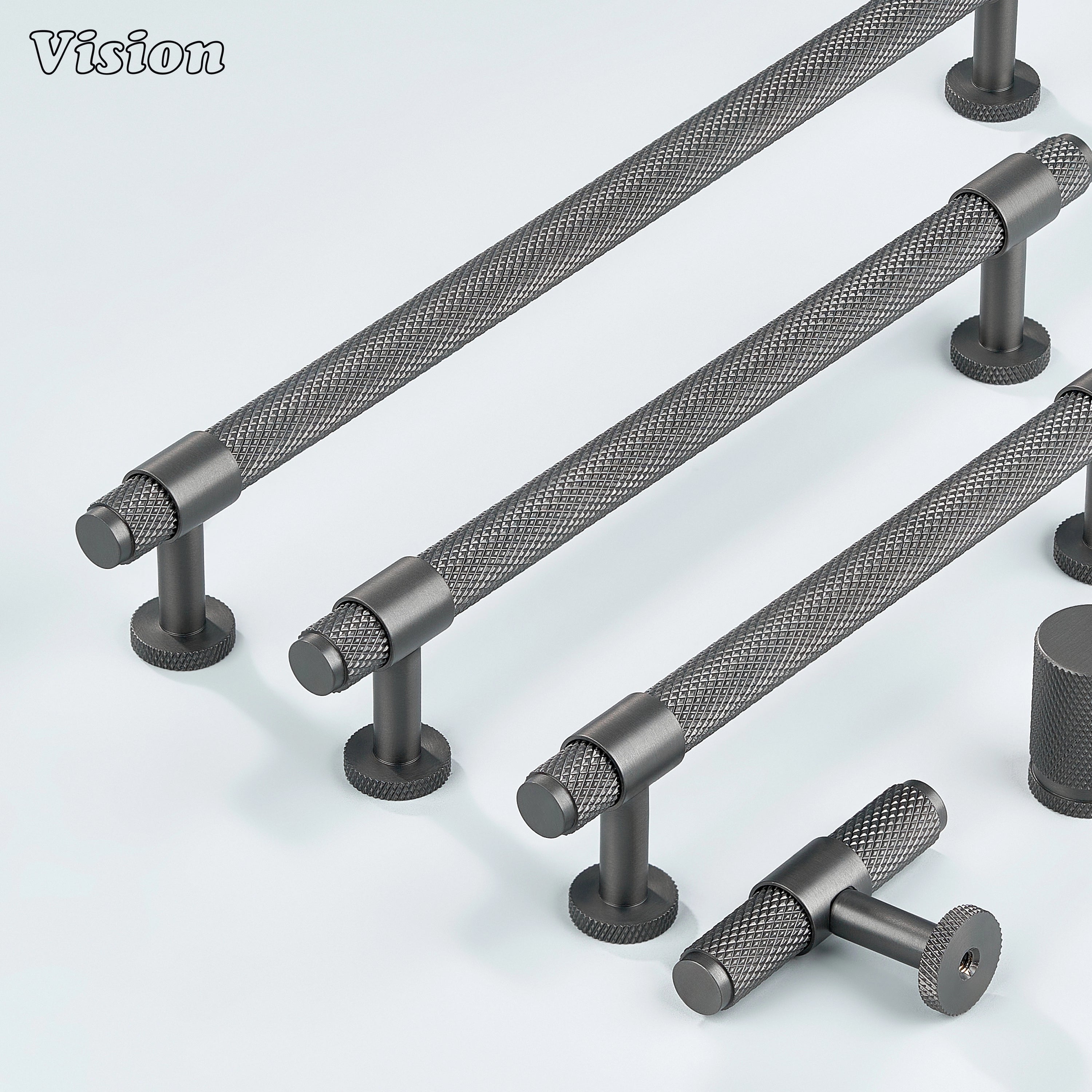 Modern gunmetal Azure knurled ringed handle used for dresser drawers