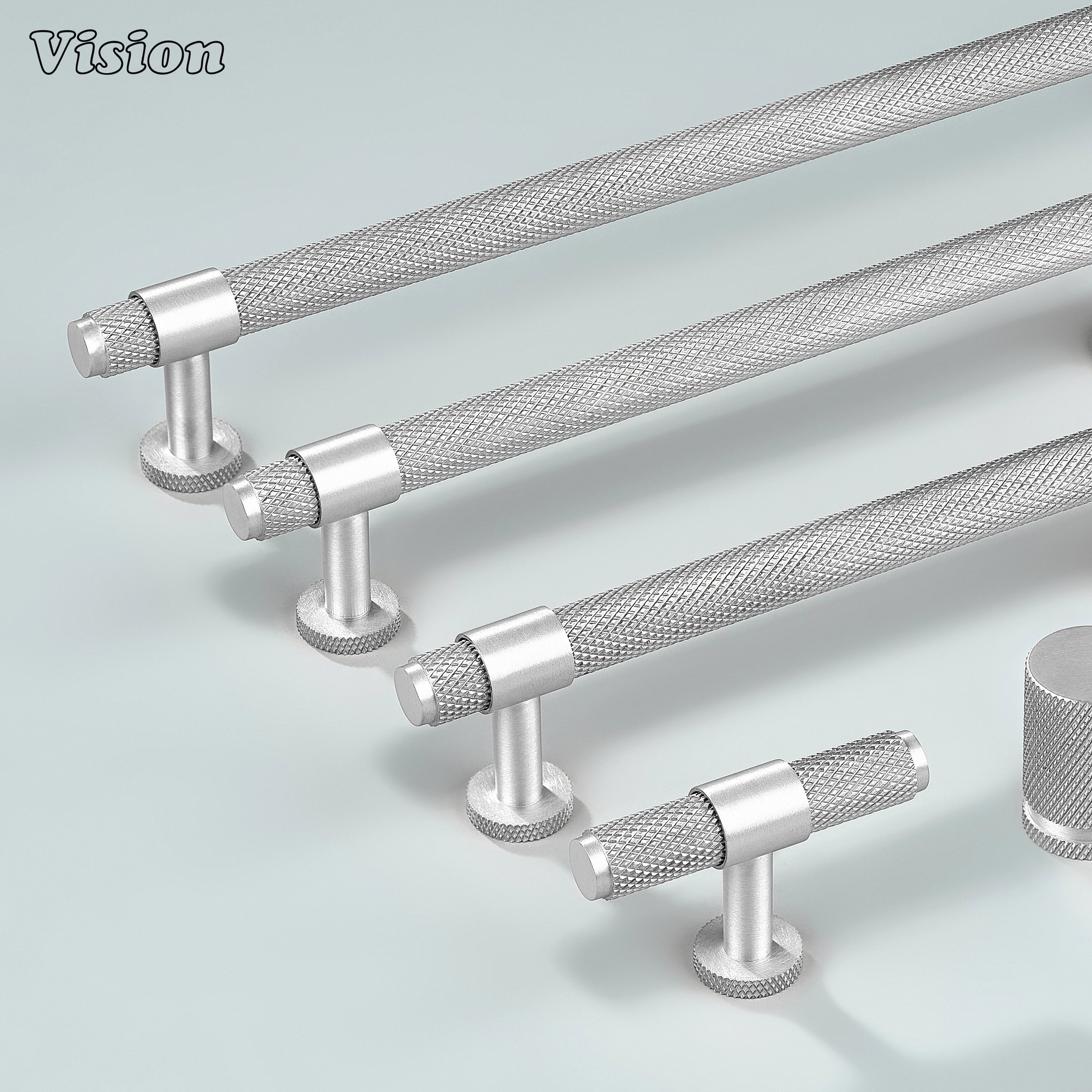 Modern silver Azure knurled ringed handle used for dresser drawers