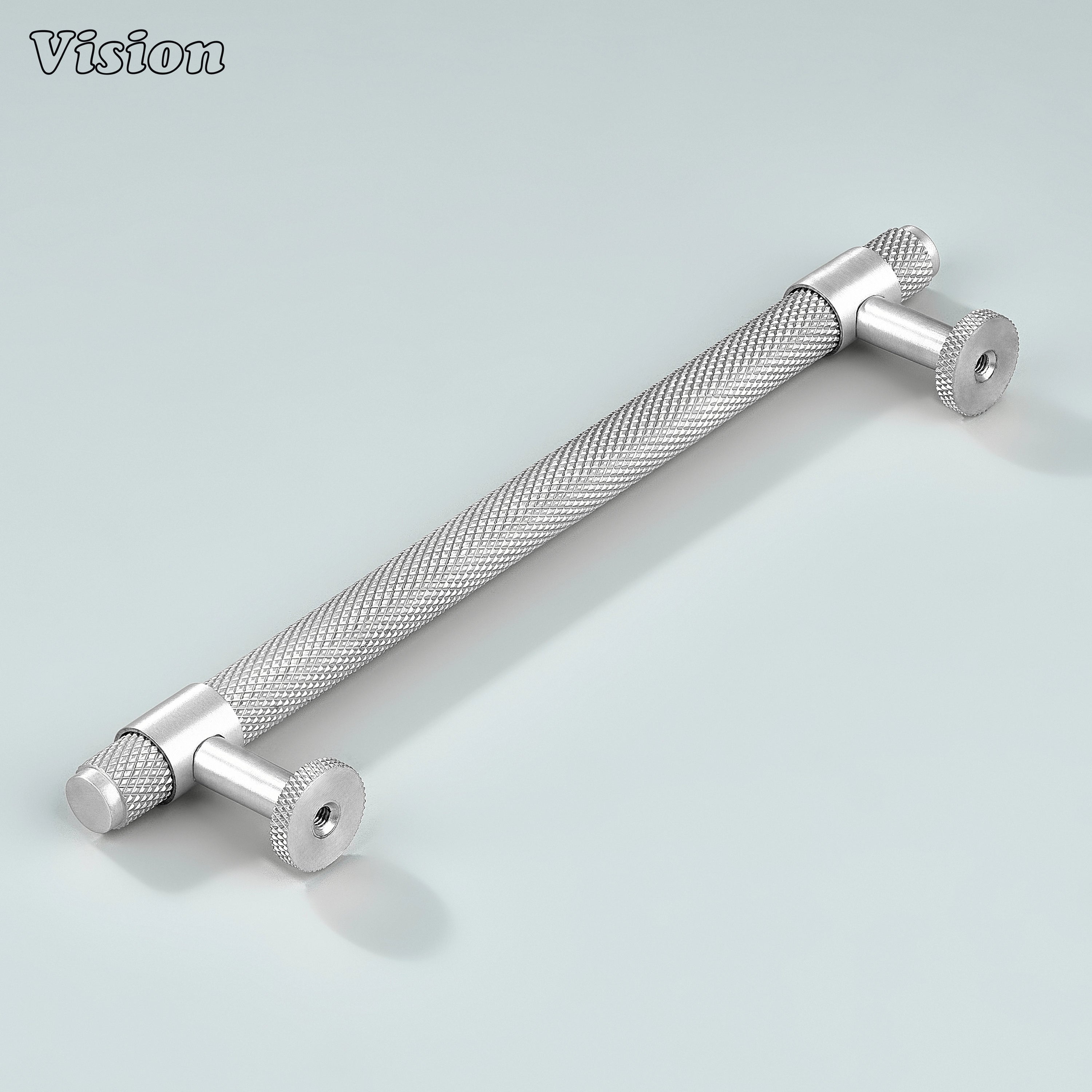 Modern silver Azure knurled ringed handle used for bathroom cabinets