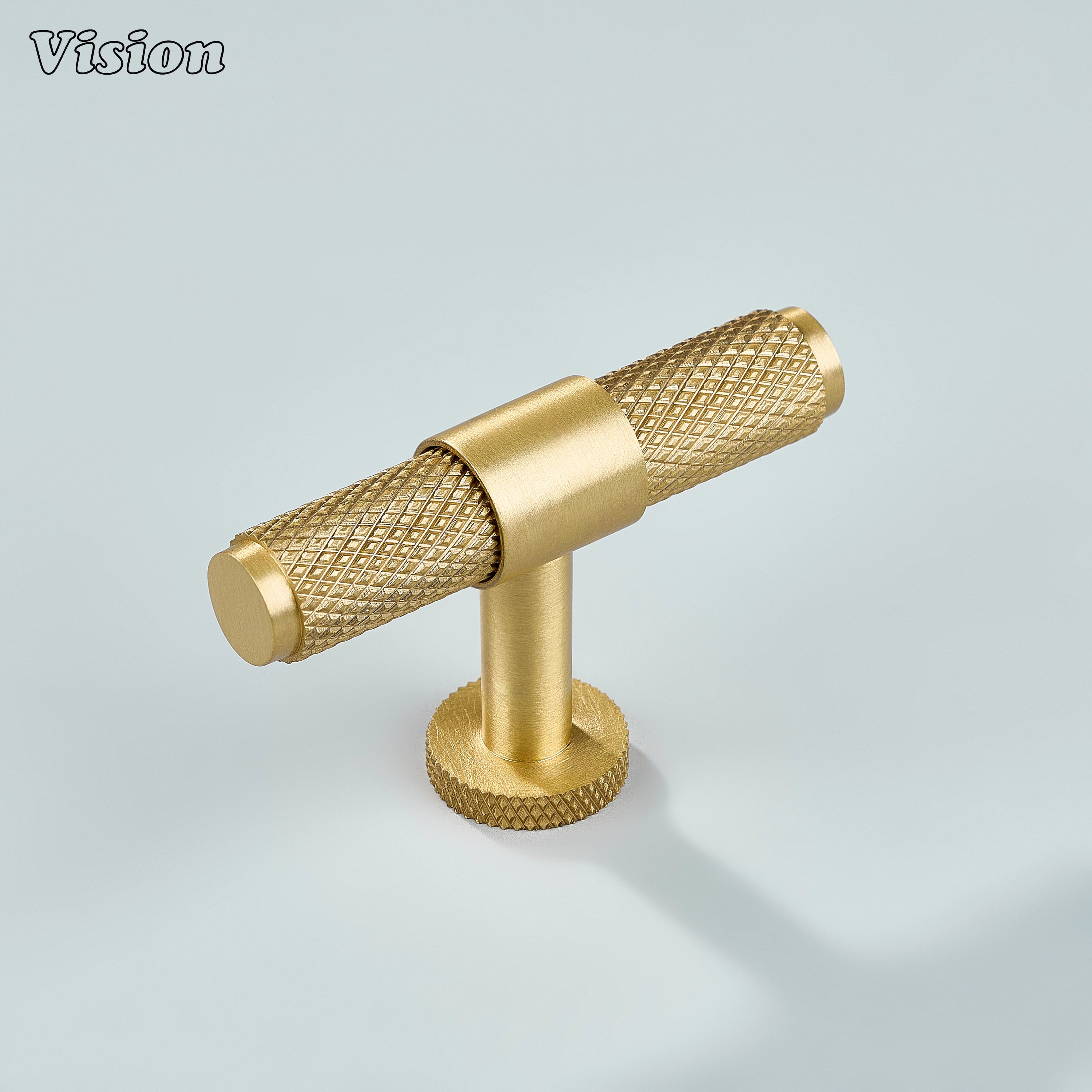 Modern gold Azure knurled brass T-knob for kitchen cabinets.