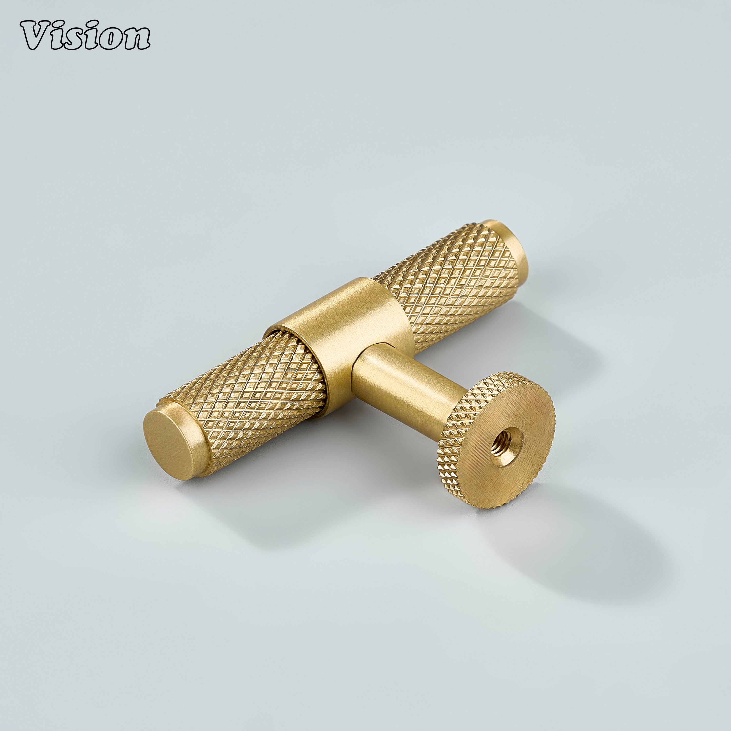 Gold linear knurled T-knob for dresser drawers.