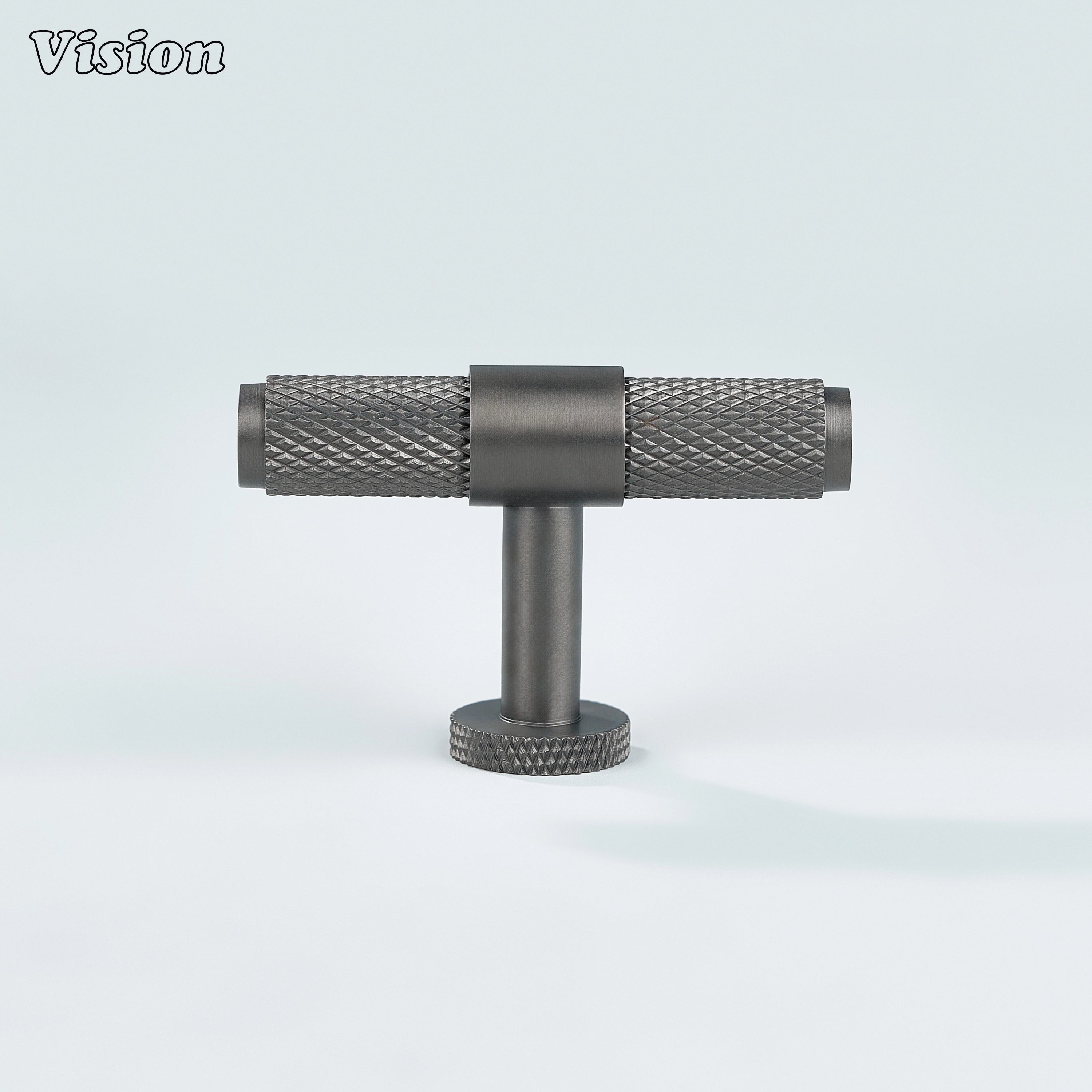 Sleek gunmetal brass T-knob with ringed texture for cupboards