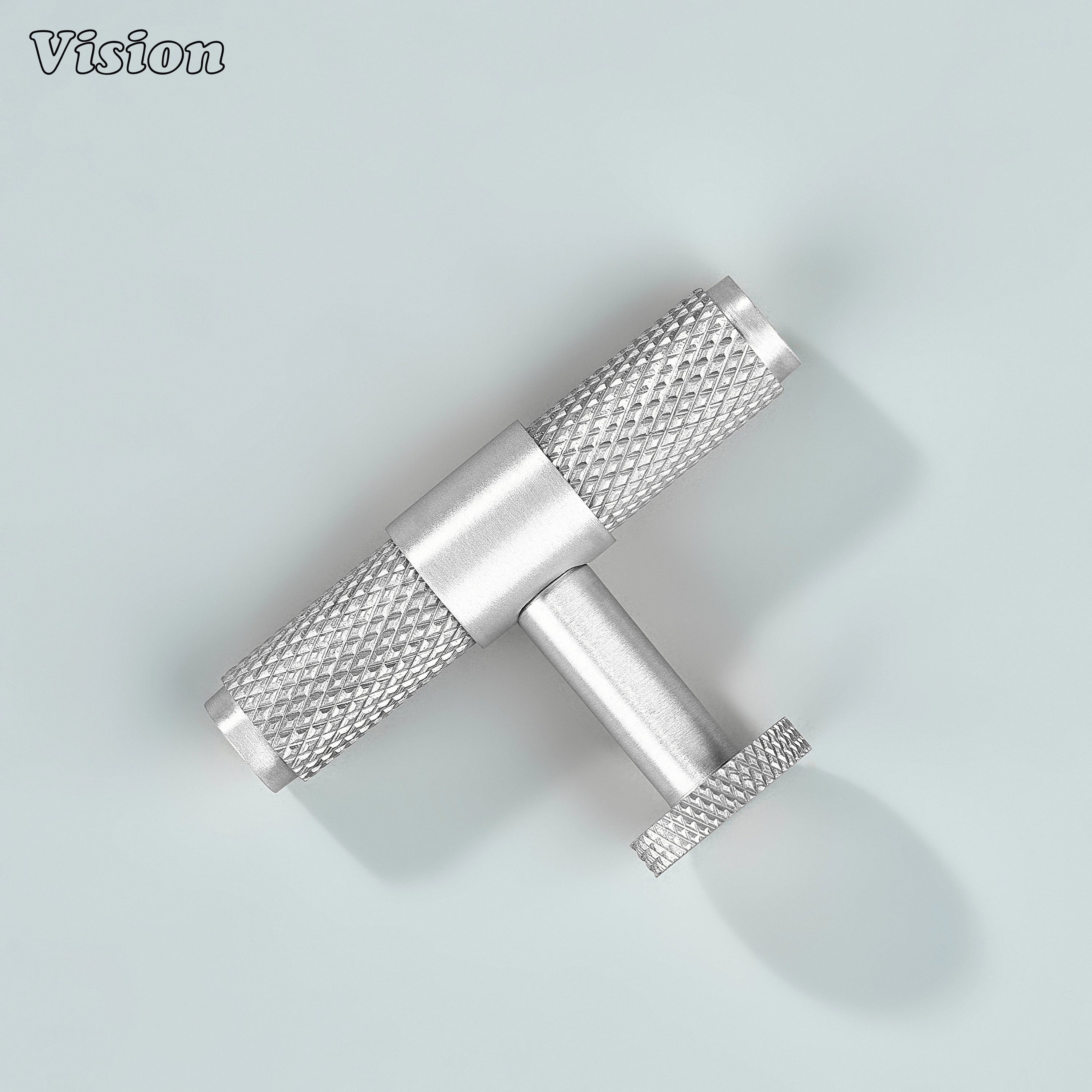 Silver knurled T-knob used for wardrobe doors and drawers.