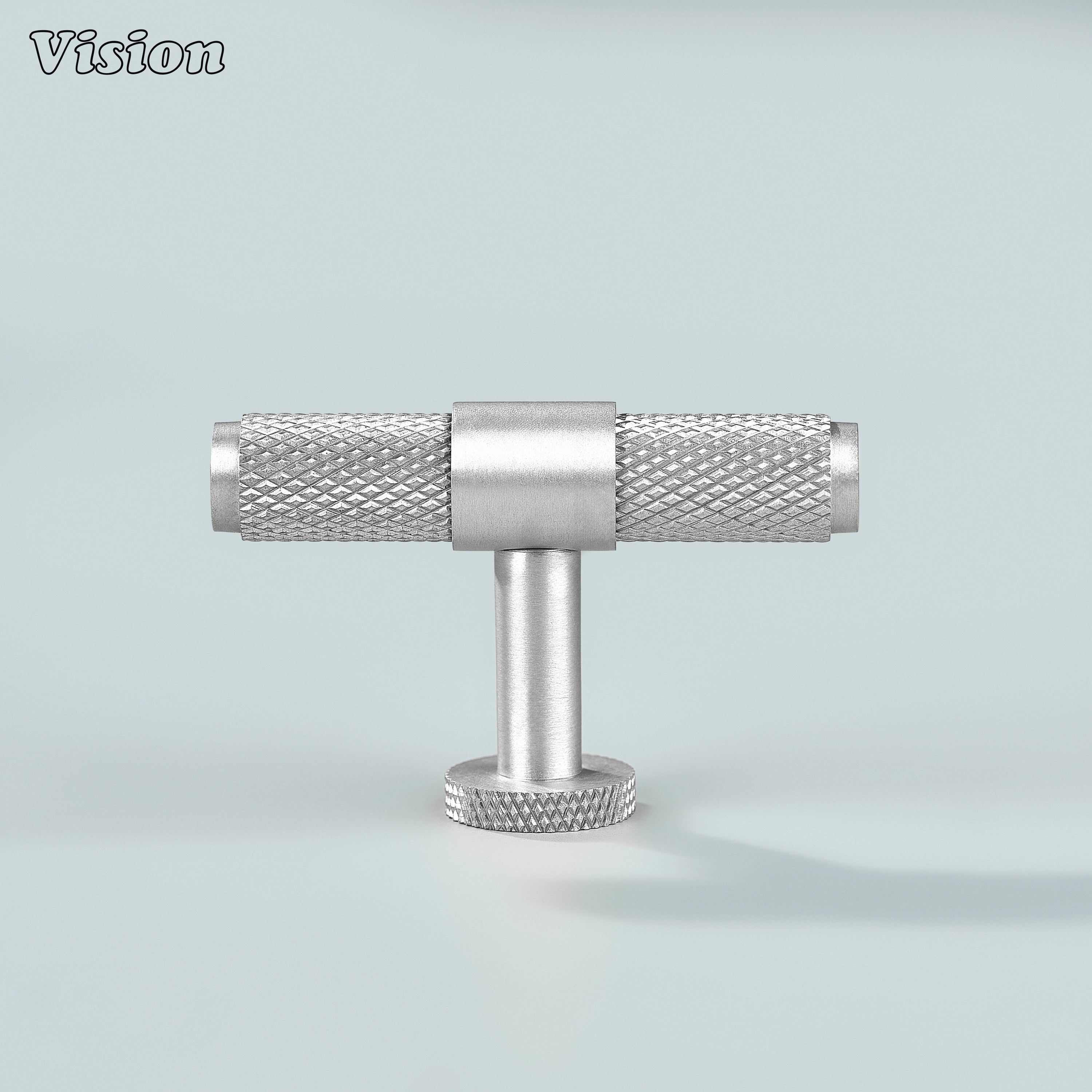 Sleek silver brass T-knob with ringed texture for cupboards.