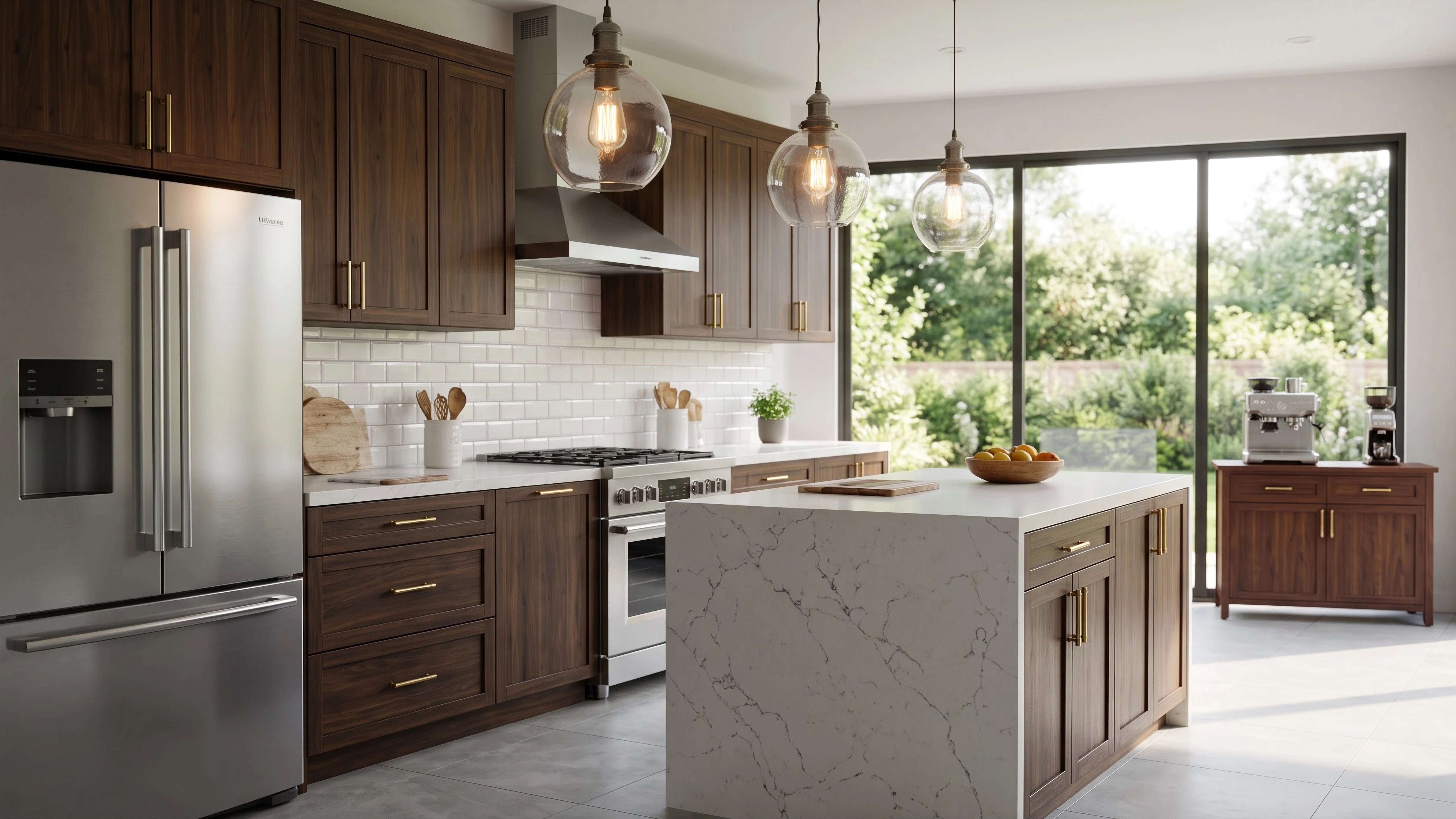 Luxurious Cabinet Handles in Matte Gold installed on different wooden brown cabinets, drawers, refrigerator and oven in a properly lit kitchen