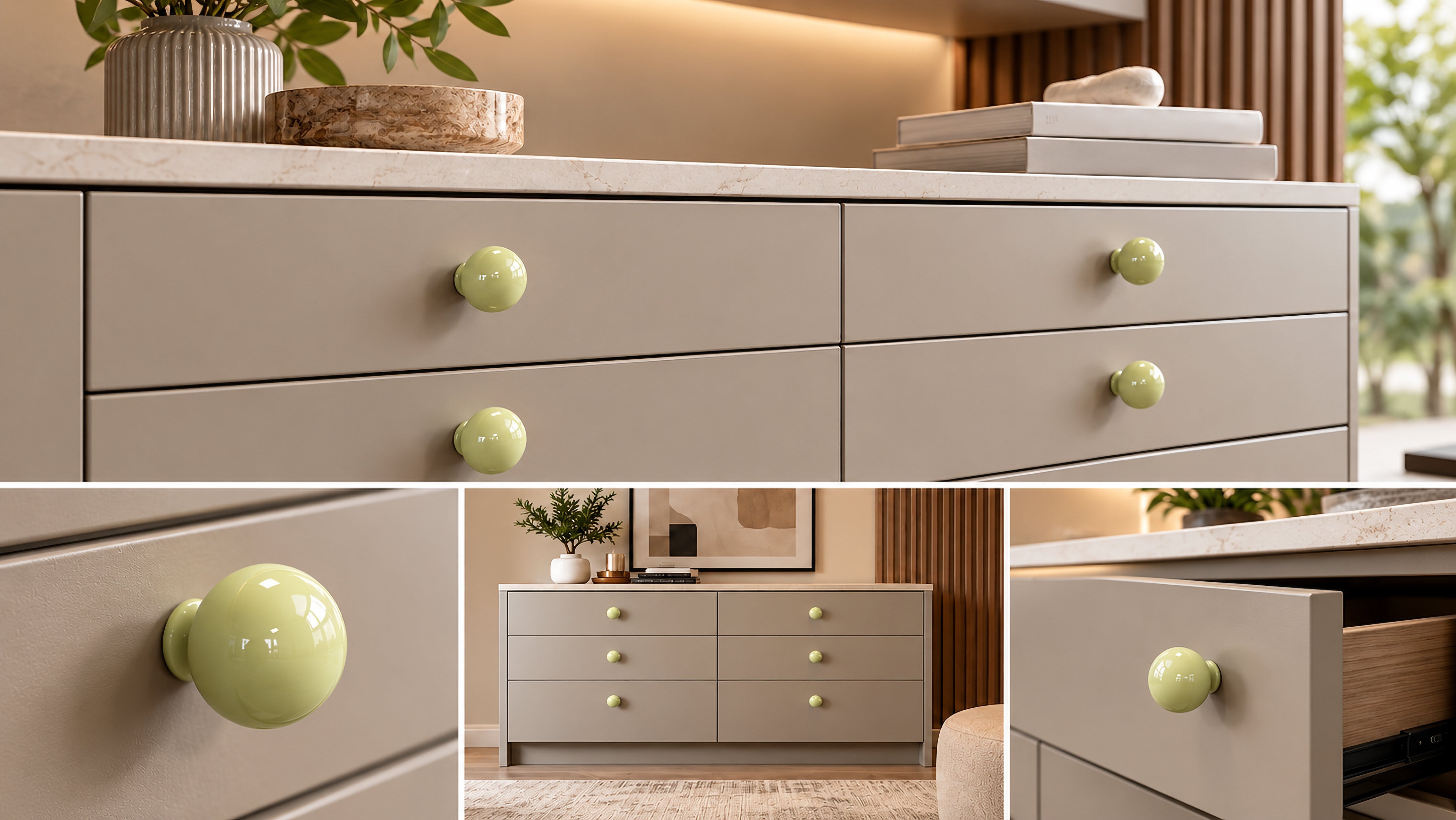 A light beige six-drawer dresser with glossy pale green round knobs, shown in a styled interior setting with a marble countertop and decor. The image includes a large main view and three smaller detail views highlighting the knobs and the drawer pull-out.