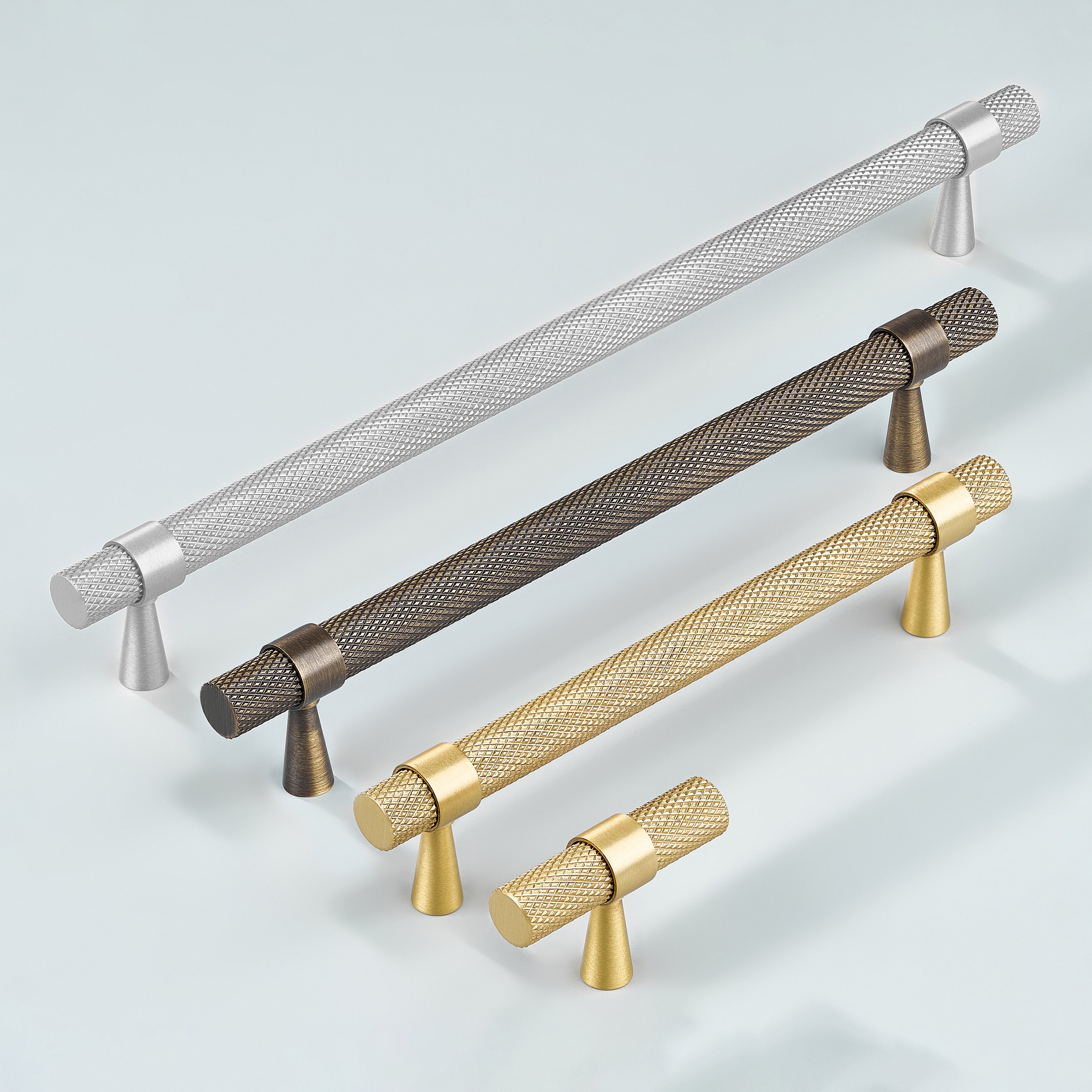 Diamond Knurled Cabinet Handle in silver, antique bronze and gold finishes in various sizes along with cabinet knob in gold finish