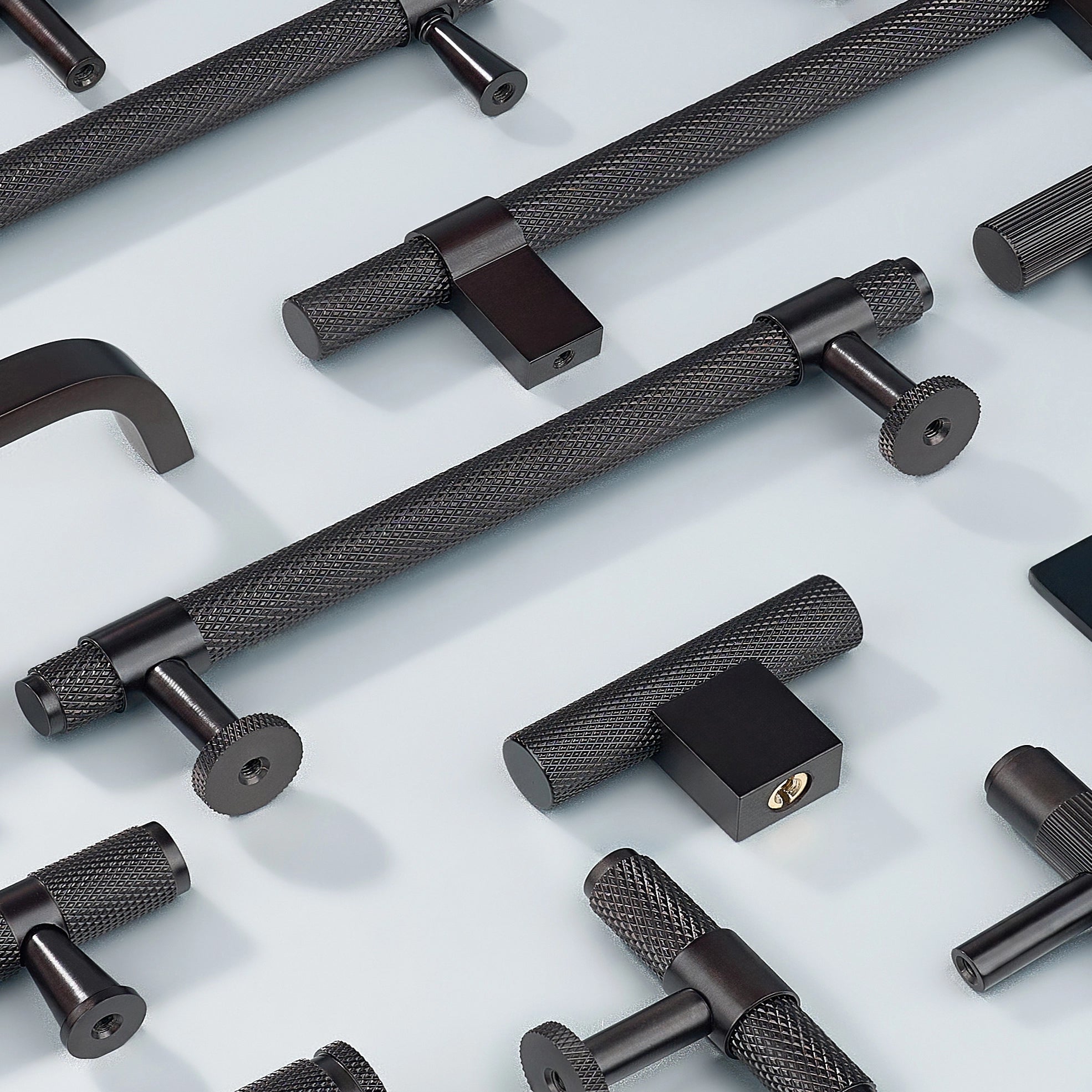 Cabinet Handles and Cabinet Knobs in Diamond Knurled, Linear Knurled, T shape, Curve shape in oil rubbed bronze