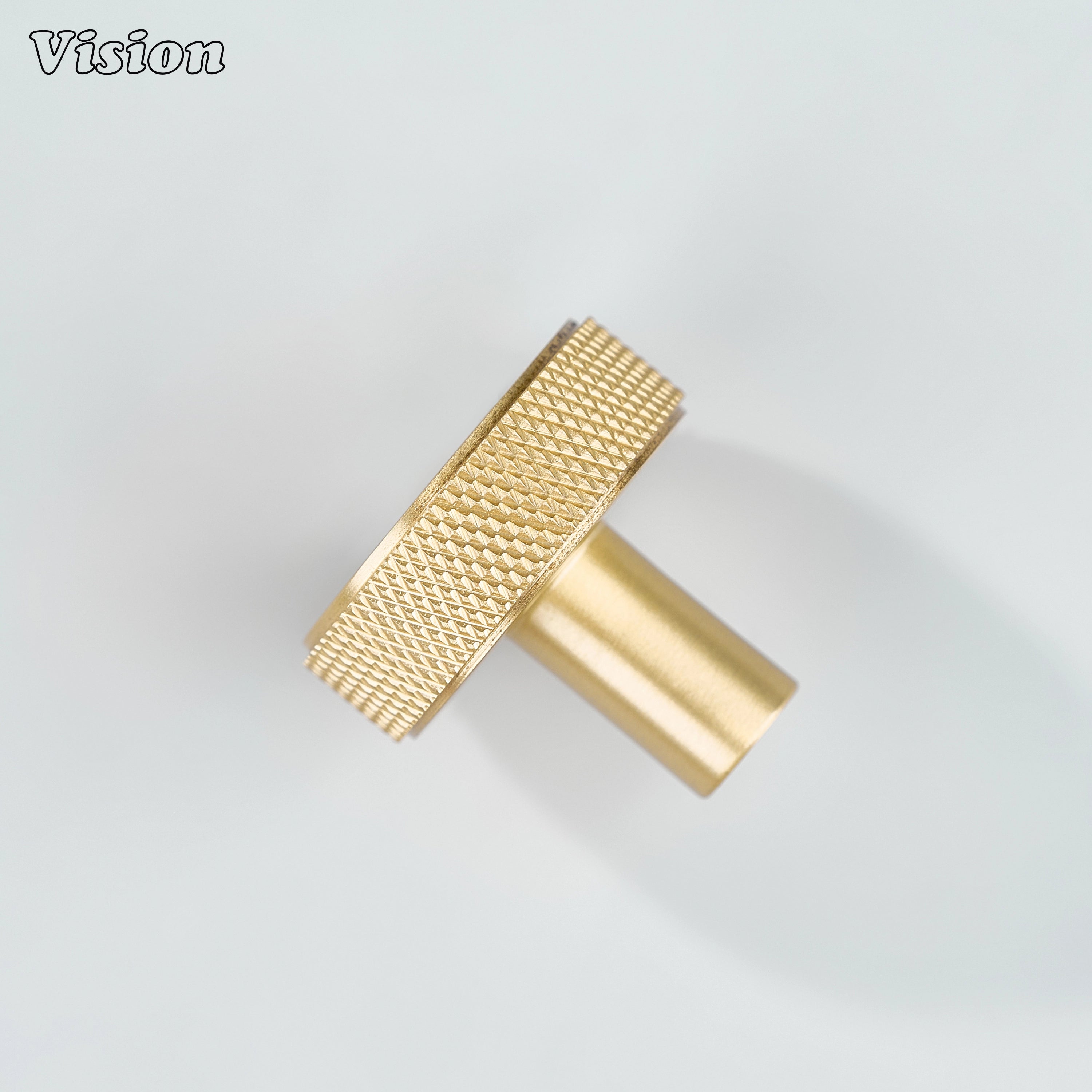 Solid brass Gold cabinet knob with knurled grip and flat round face for cabinets