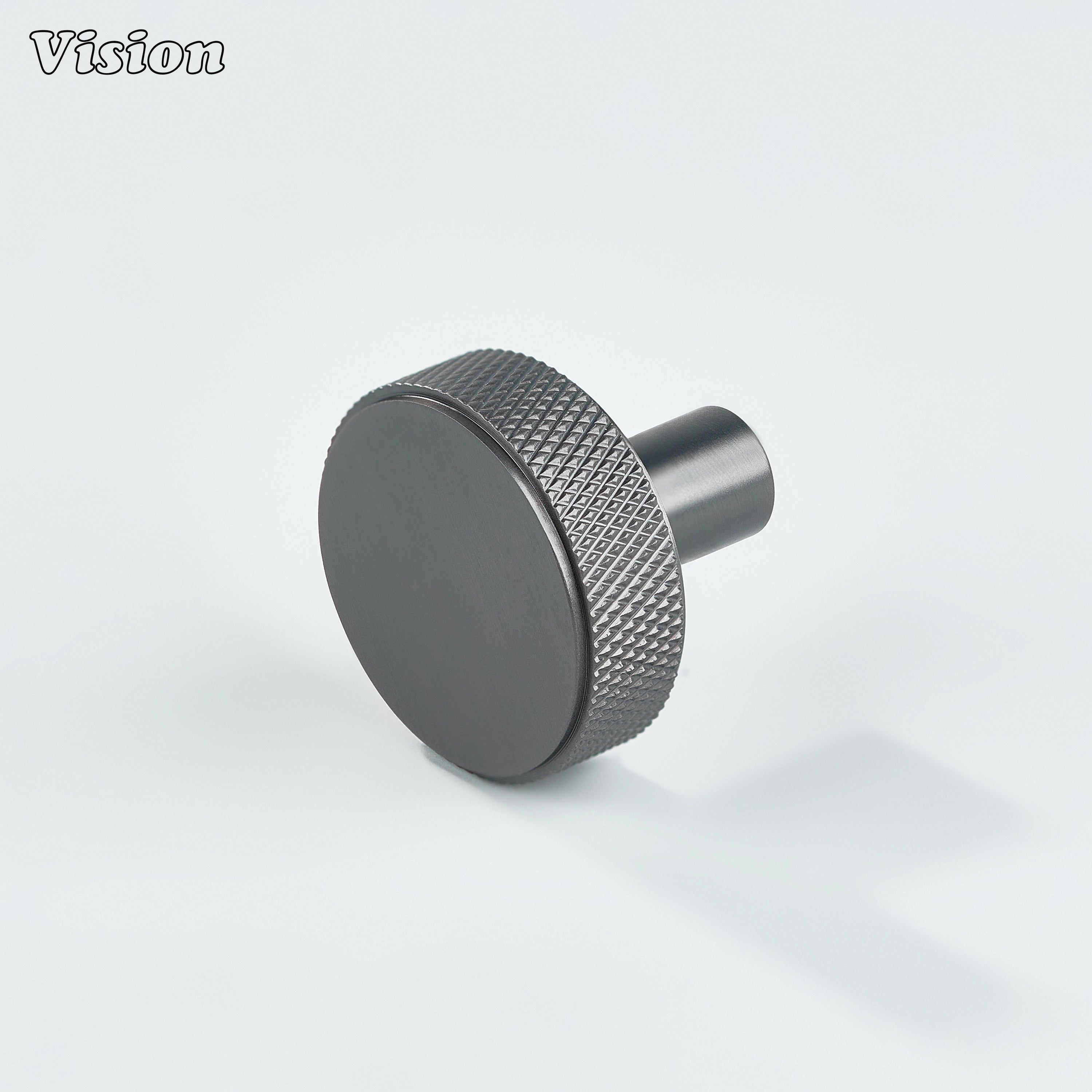 Gunmetal cabinet knob with round knurled profile and cylindrical leg for cabinets