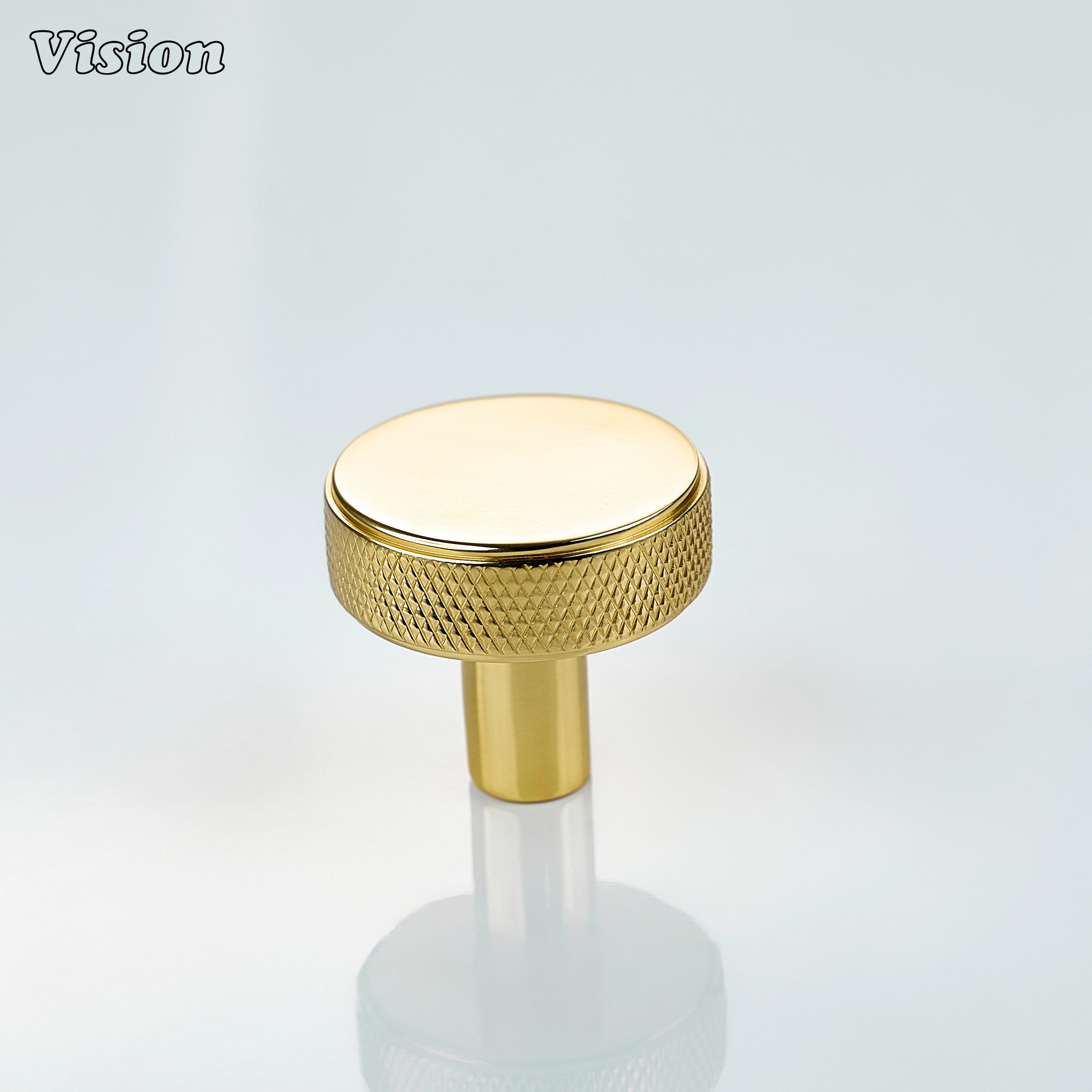 Polished Brass (Lacquered) cabinet knob with round knurled profile and cylindrical leg for cabinets