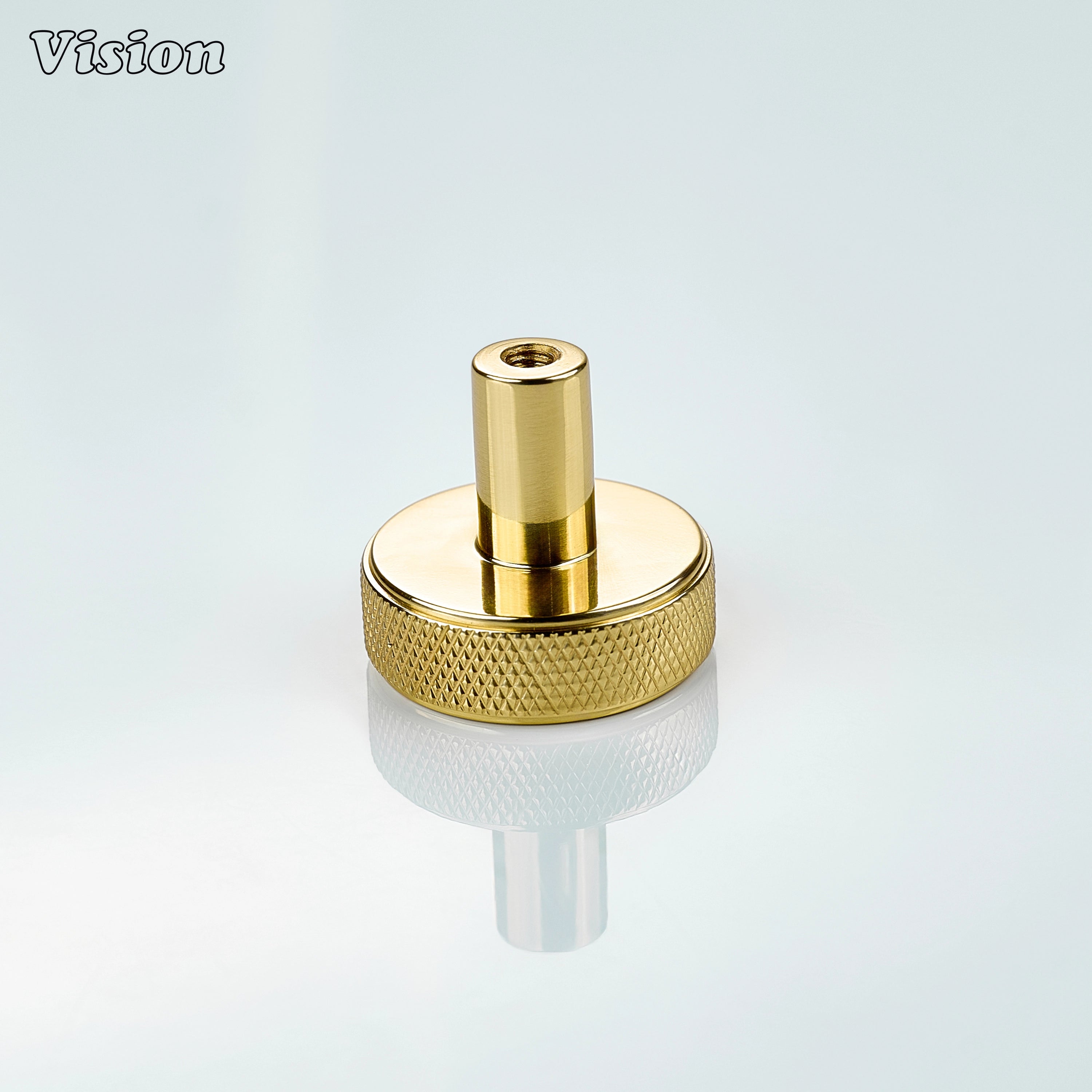 Polished Brass (Lacquered) cabinet knob featuring textured knurled sides and flat round top