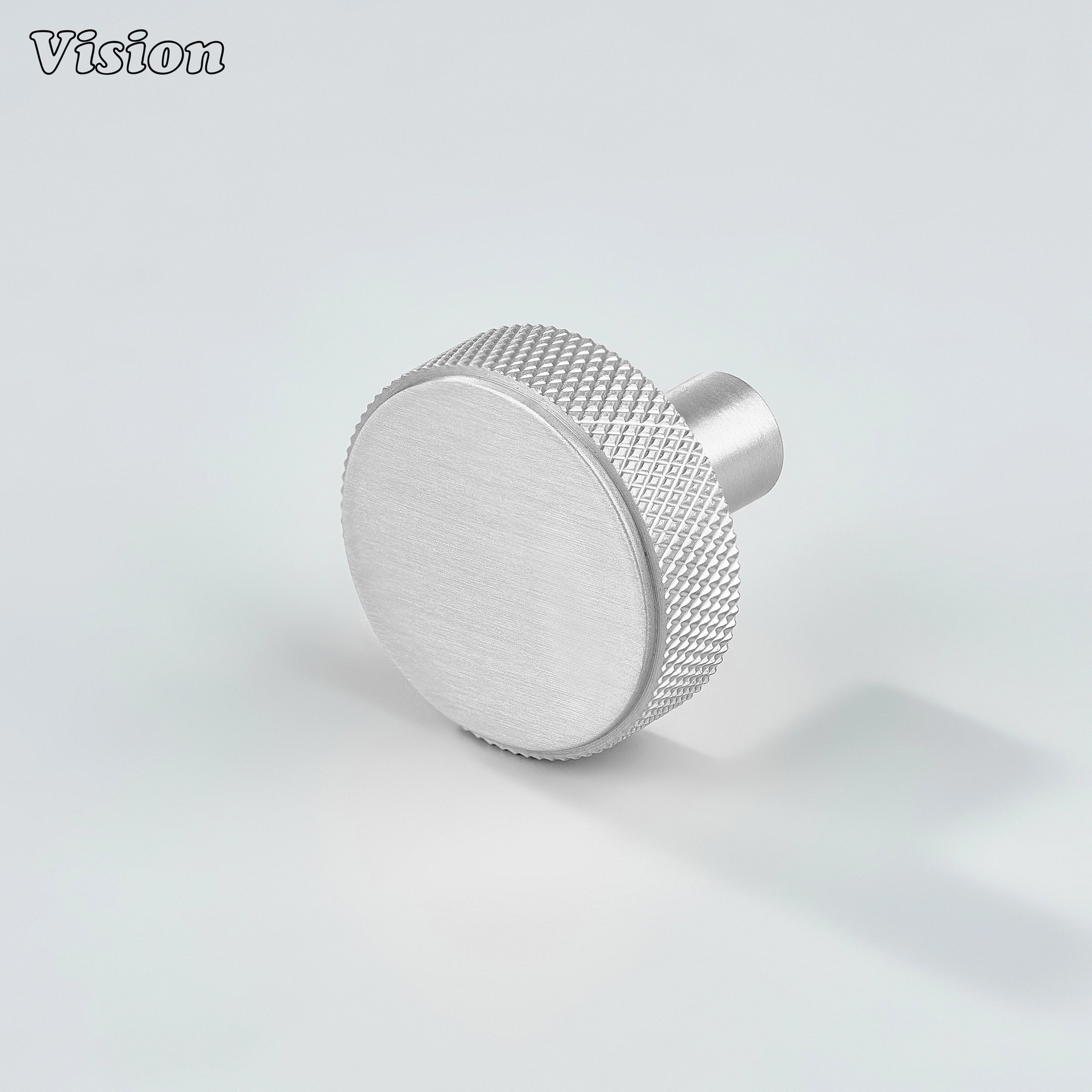 Silver cabinet knob with round knurled profile and cylindrical leg