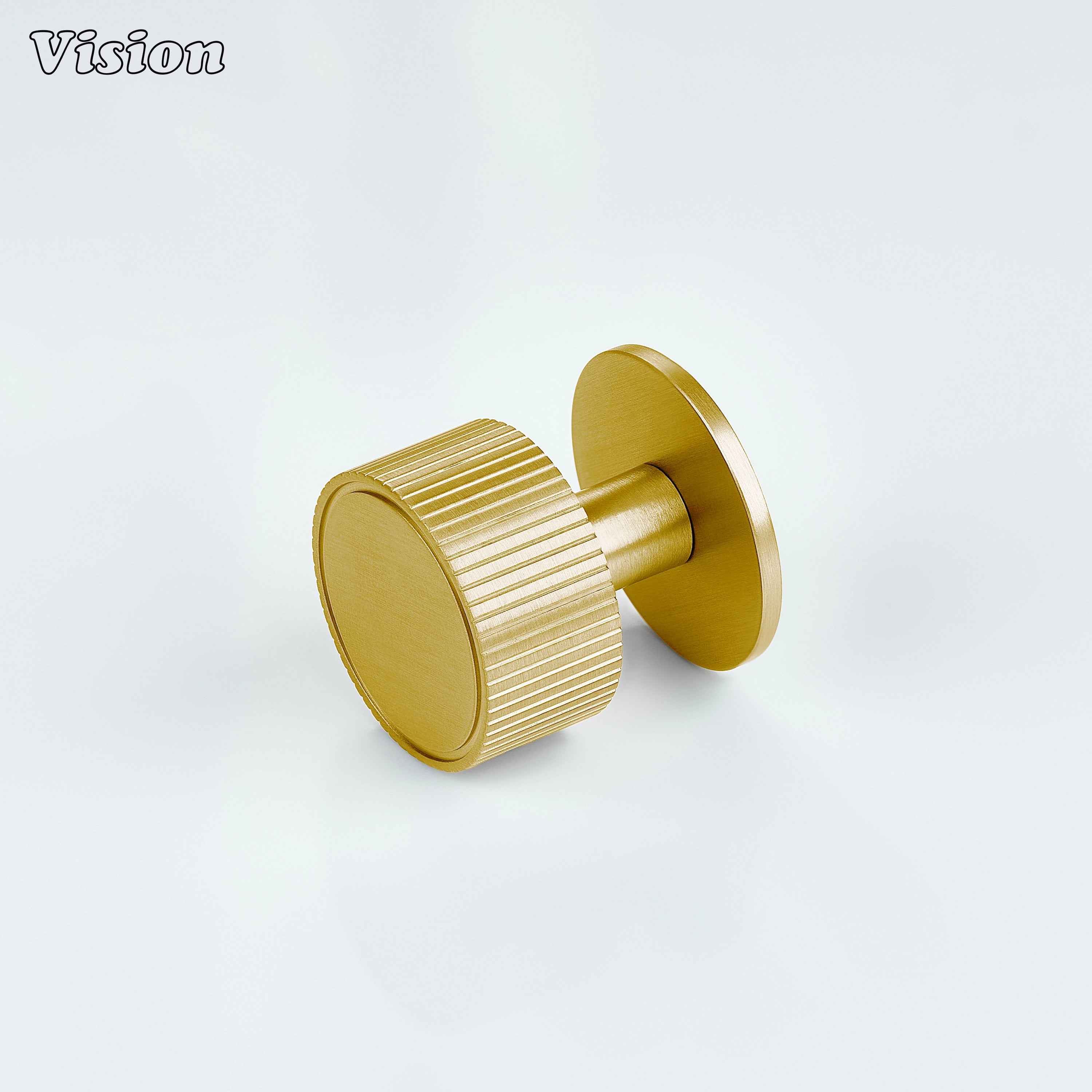 Gold cabinet knob with linear knurled round profile and round plate for kitchen cabinets