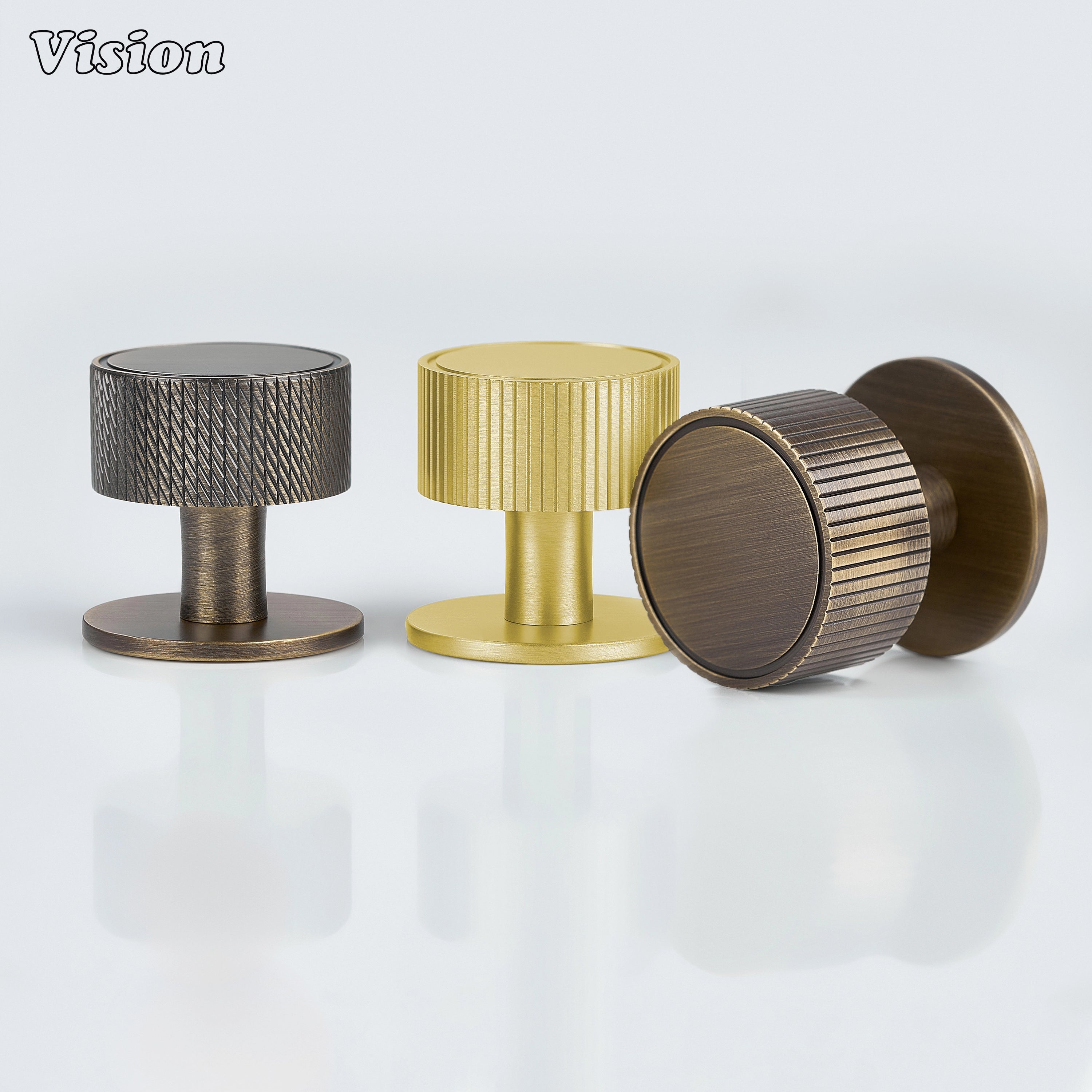 Solid brass gold cabinet knob featuring linear texture and round base for drawers