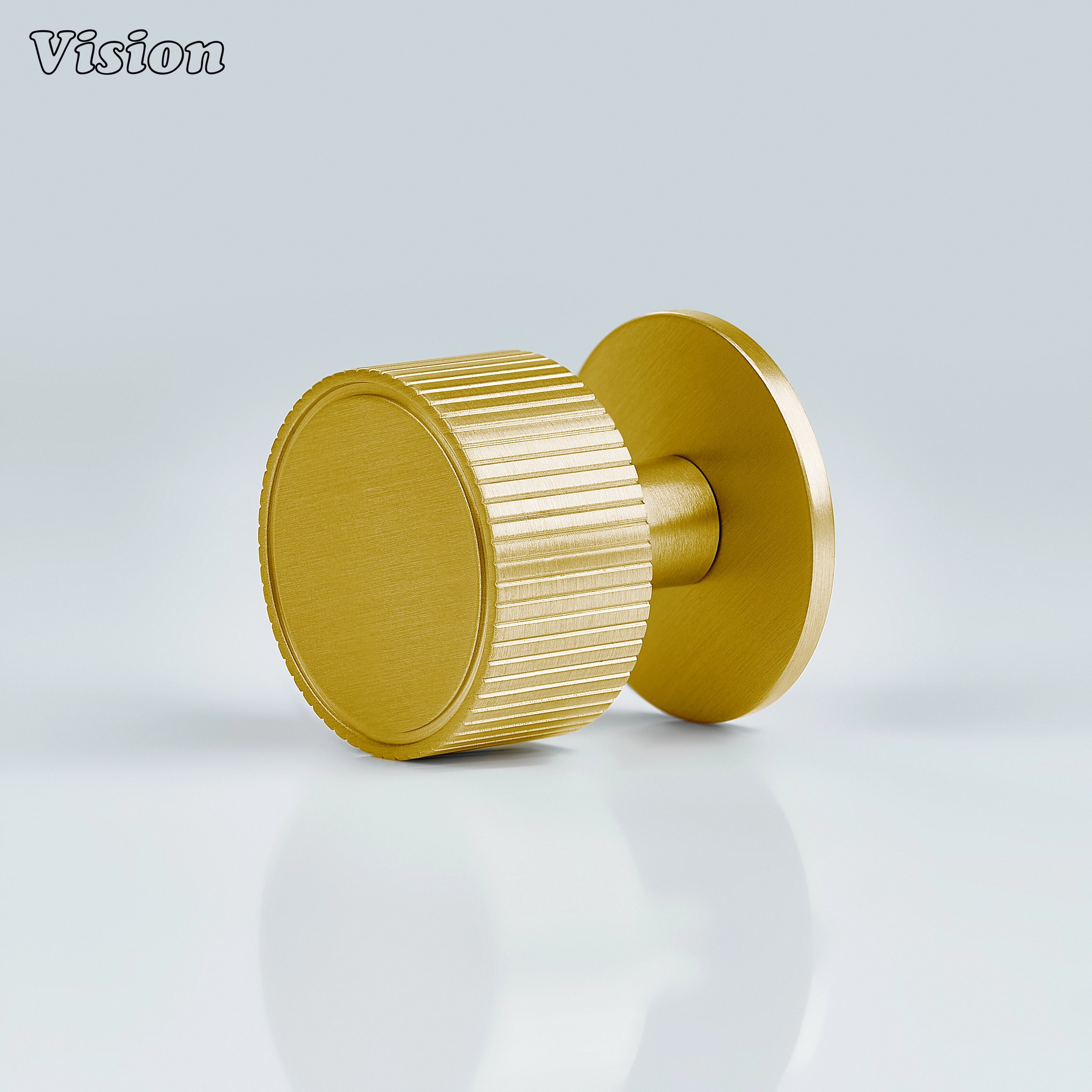 Gold round cabinet knob with linear detailing and sturdy plate for wardrobe doors