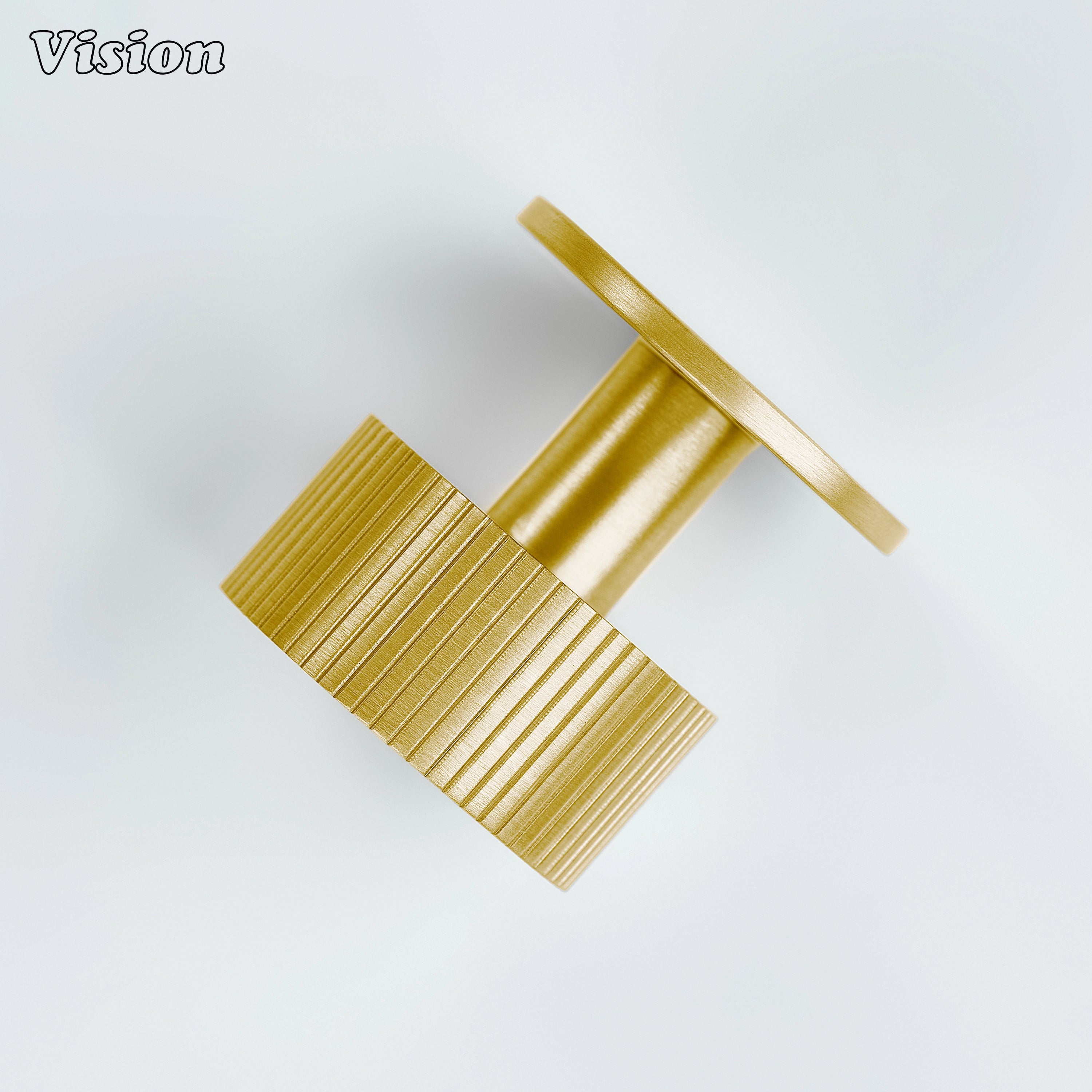 Gold brass cabinet knob with round plate and clean profile for kitchen drawers