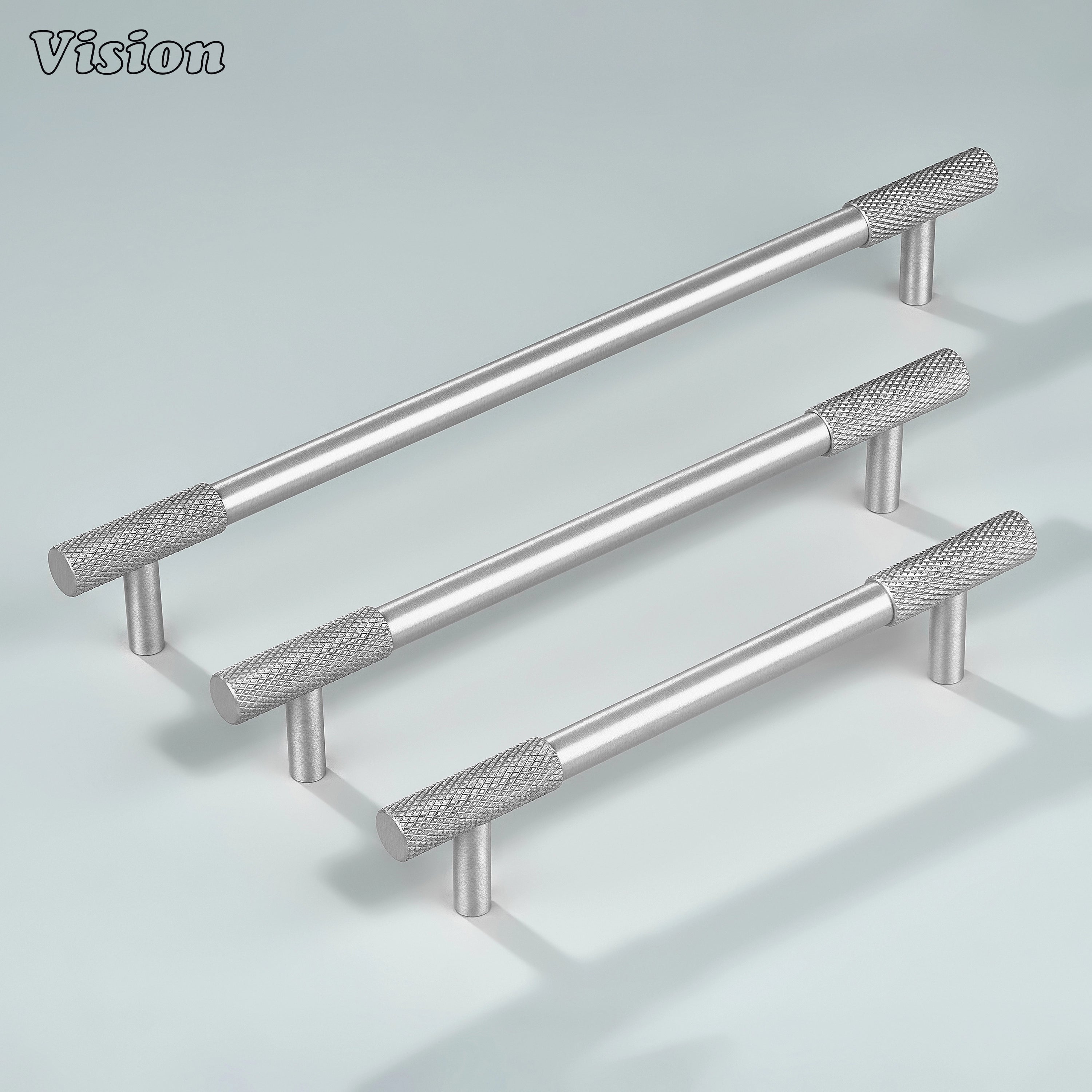 Solid brass Silver knurled cabinet handle by Vision Hardware