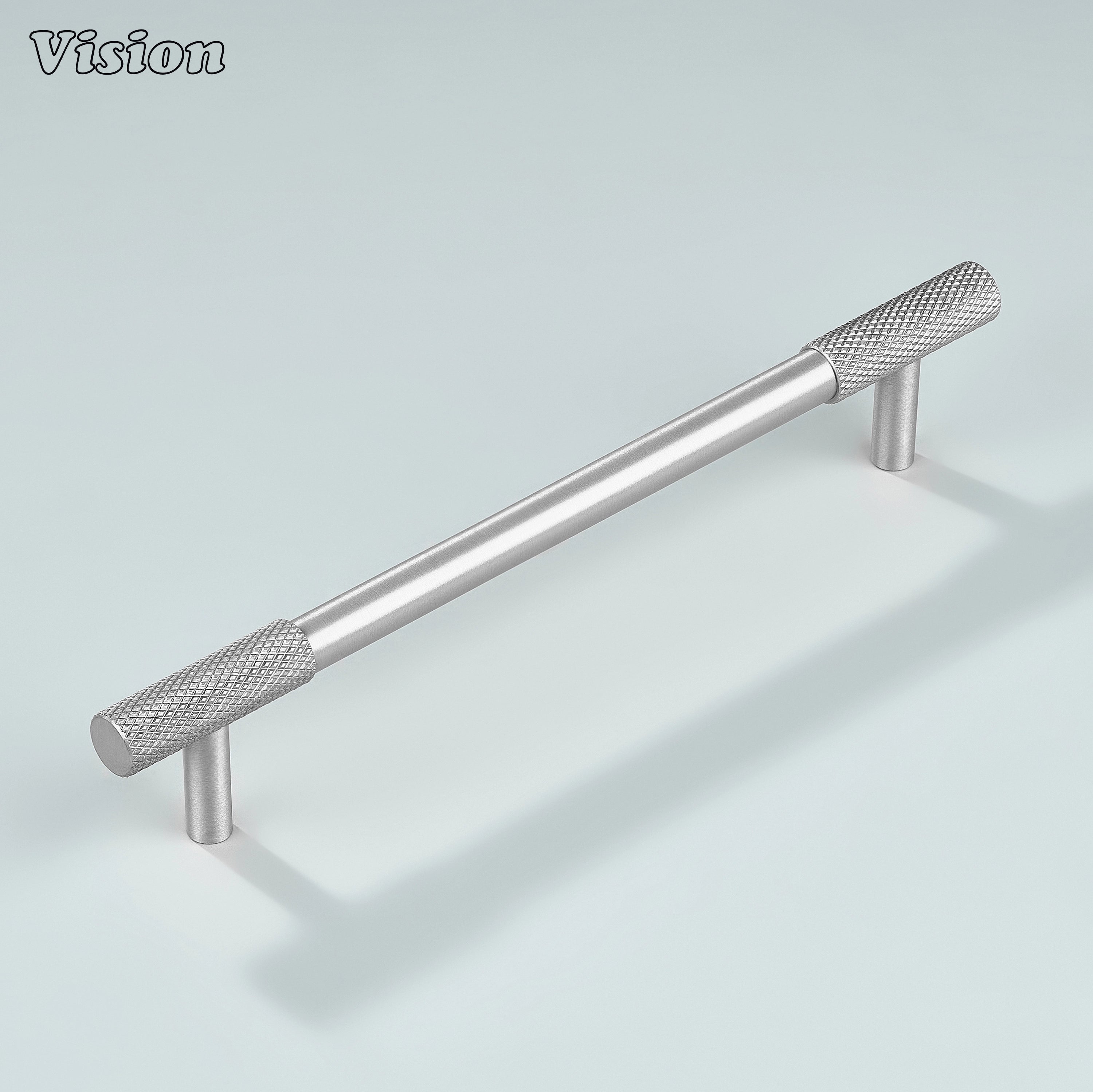 Modern Silver knurled cabinet handle front view