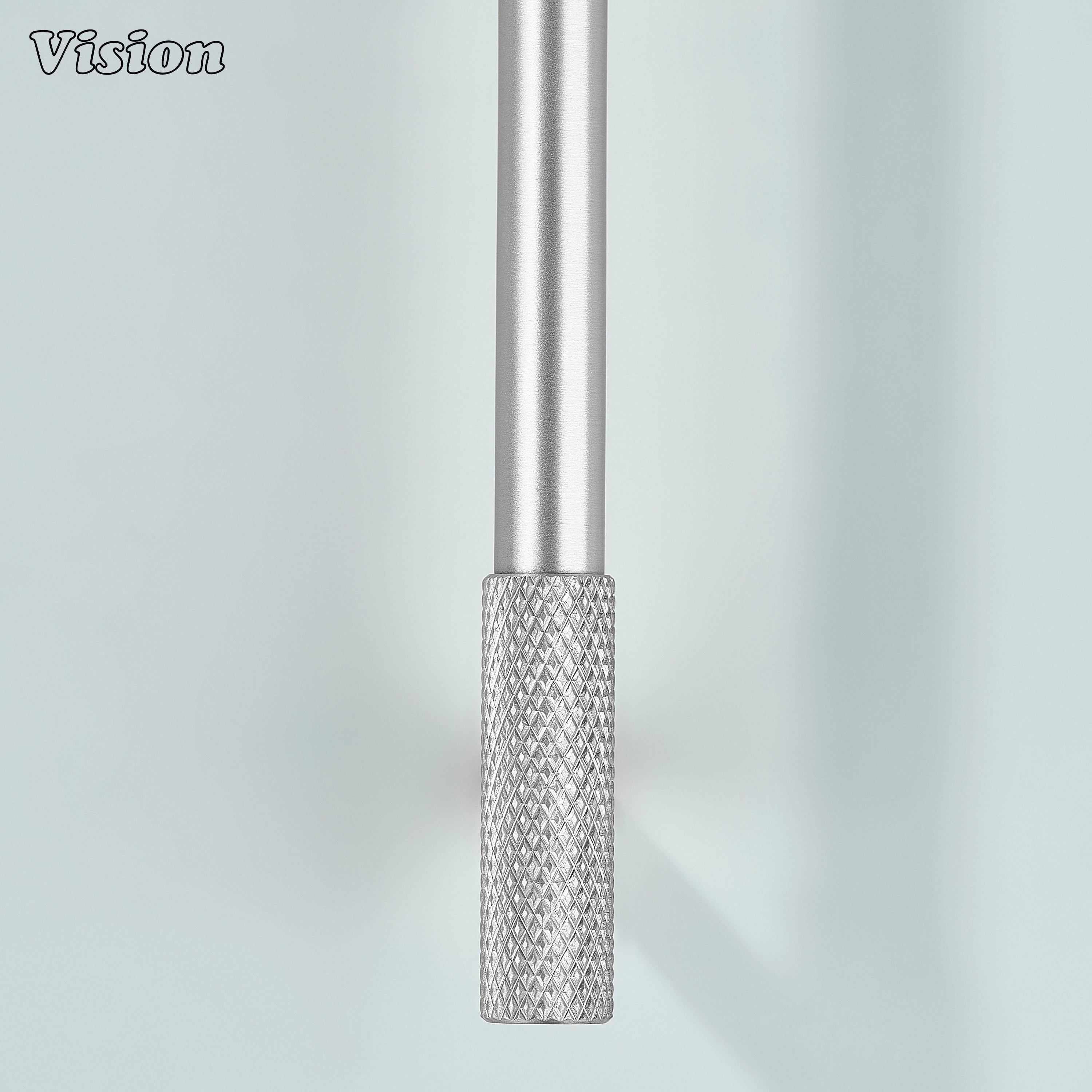 Silver knurled cabinet pull with cylindrical design