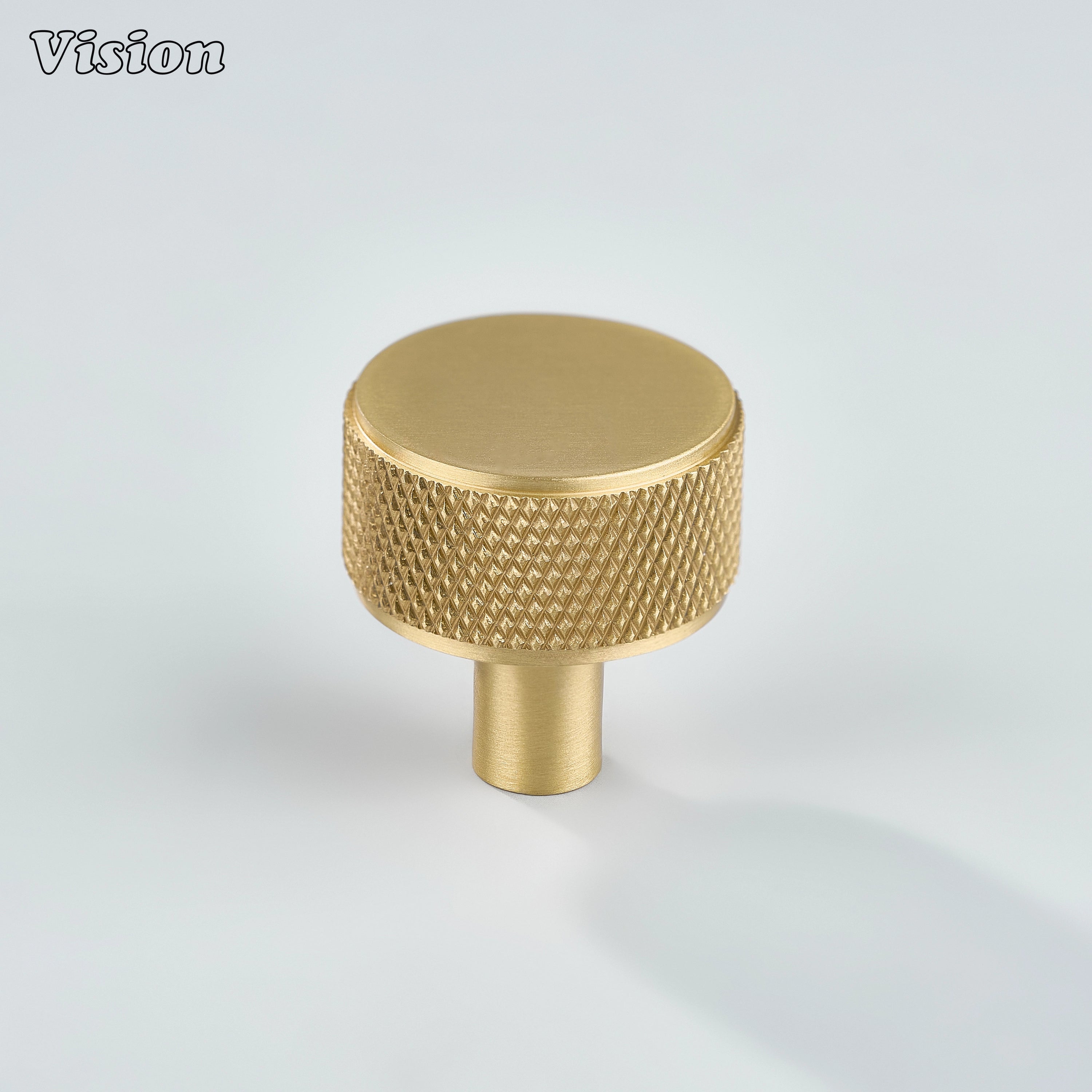 Gold round cabinet knob with precision knurled surface for furniture upgrades