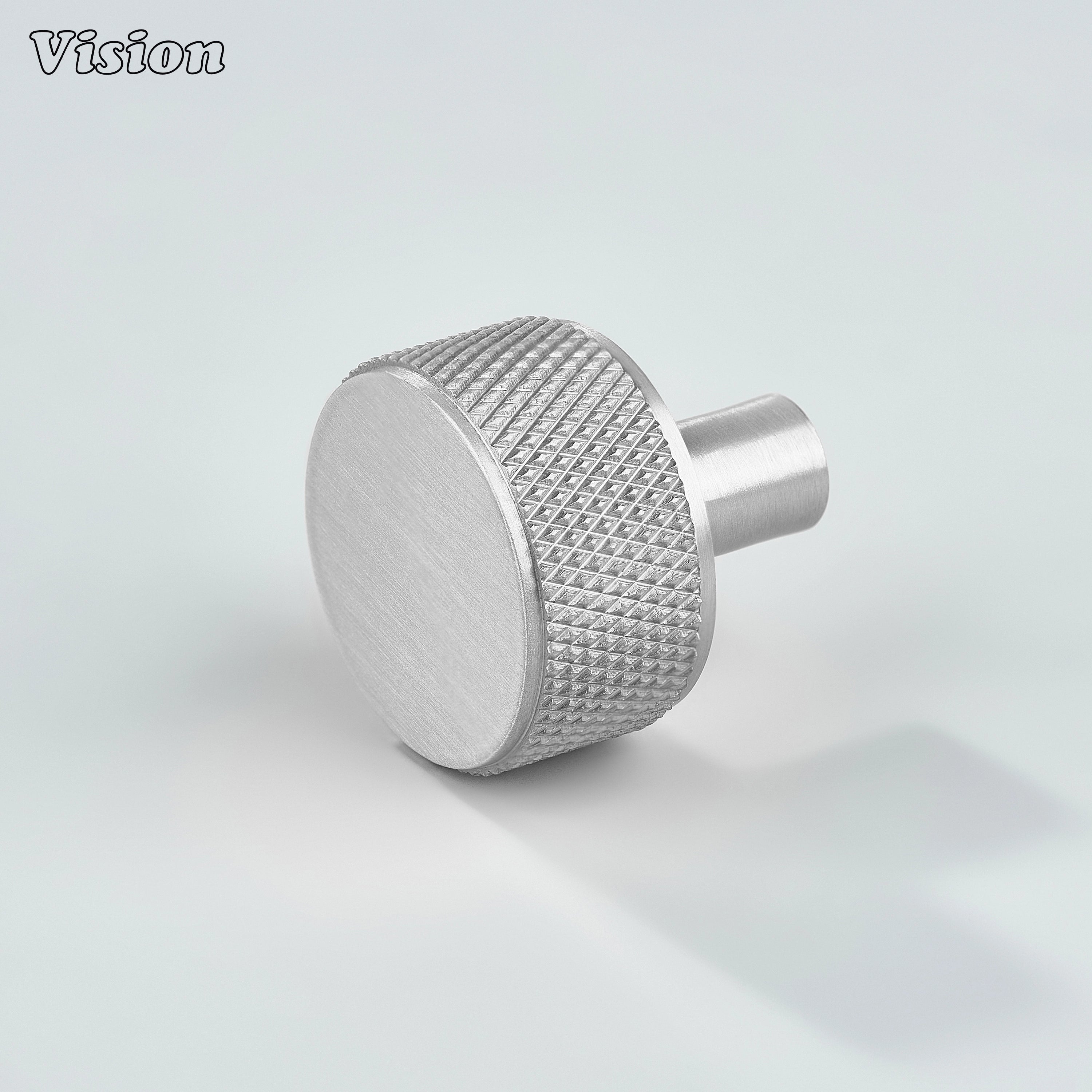 Silver cabinet knob with round knurled grip and cylinder leg for kitchen cabinets