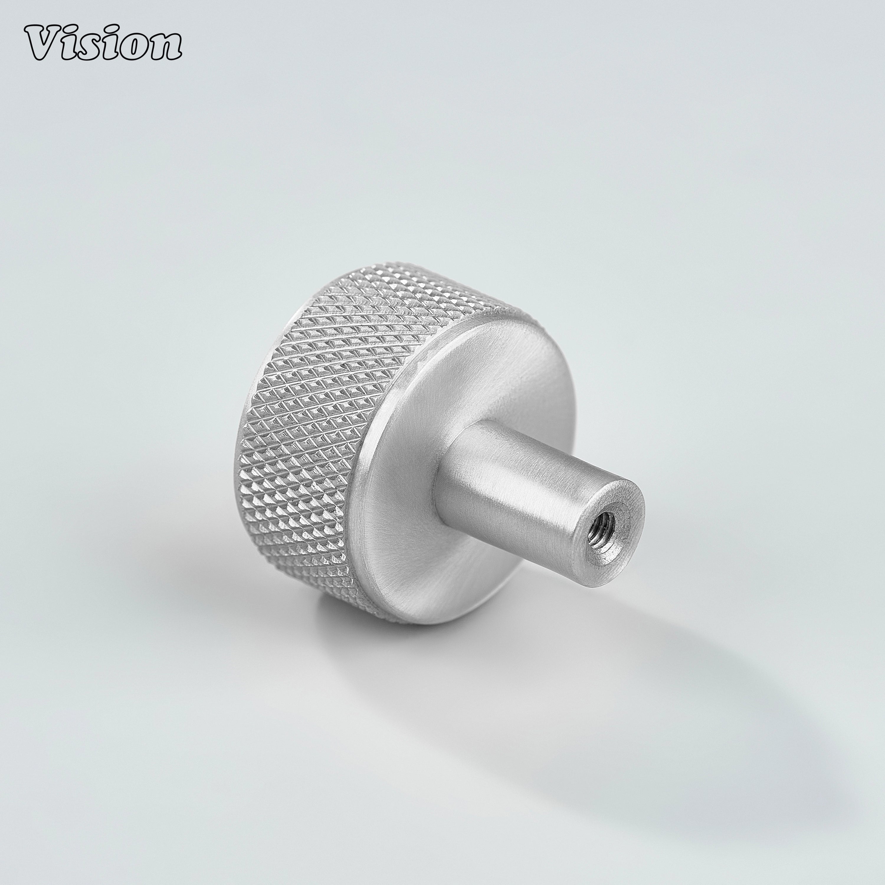 Silver cabinet knob with solid round top and cylindrical stem for wardrobes