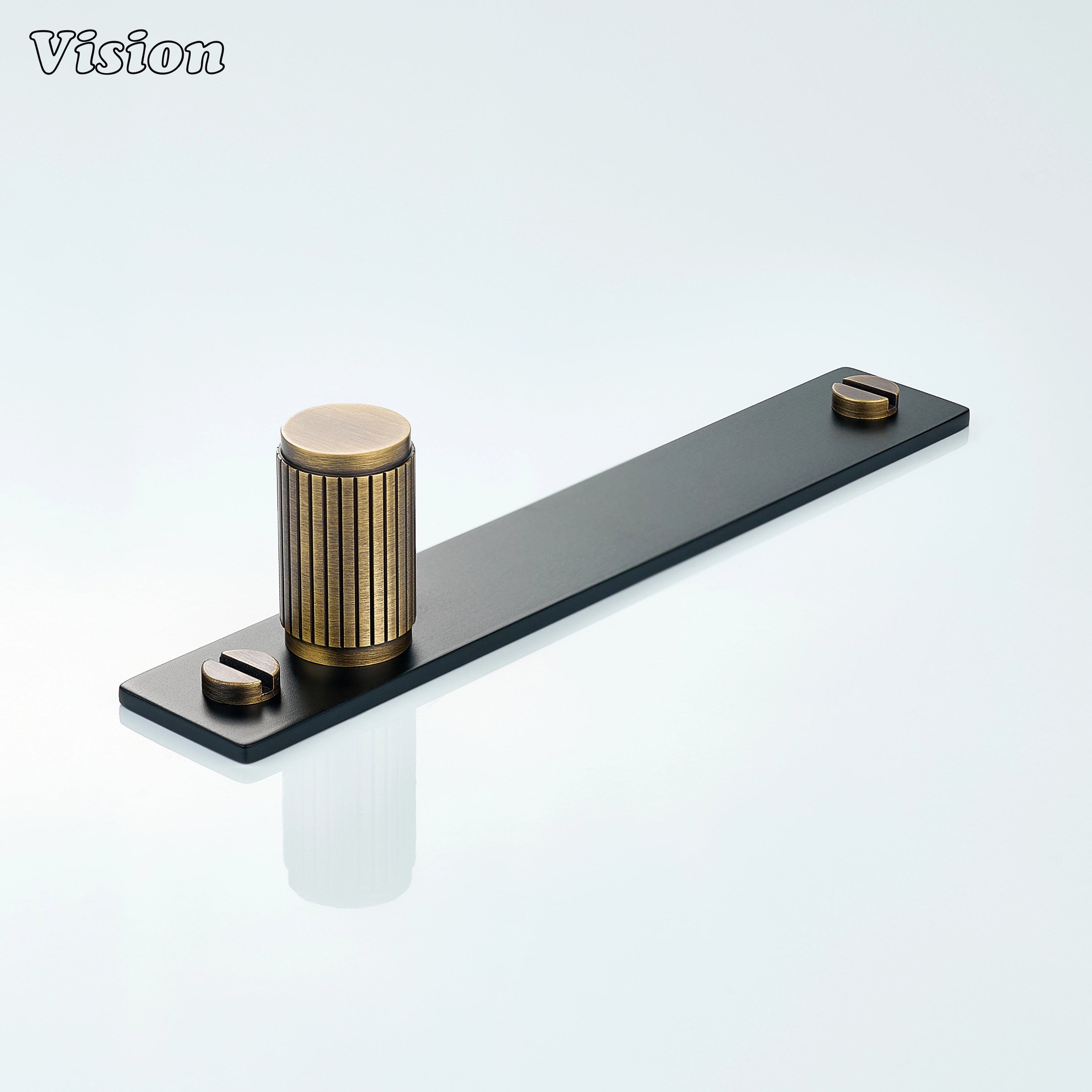 Antique Bronze and Black linear knurled brass cabinet knob with cylinder knob and rectangular backplate for kitchen cabinets