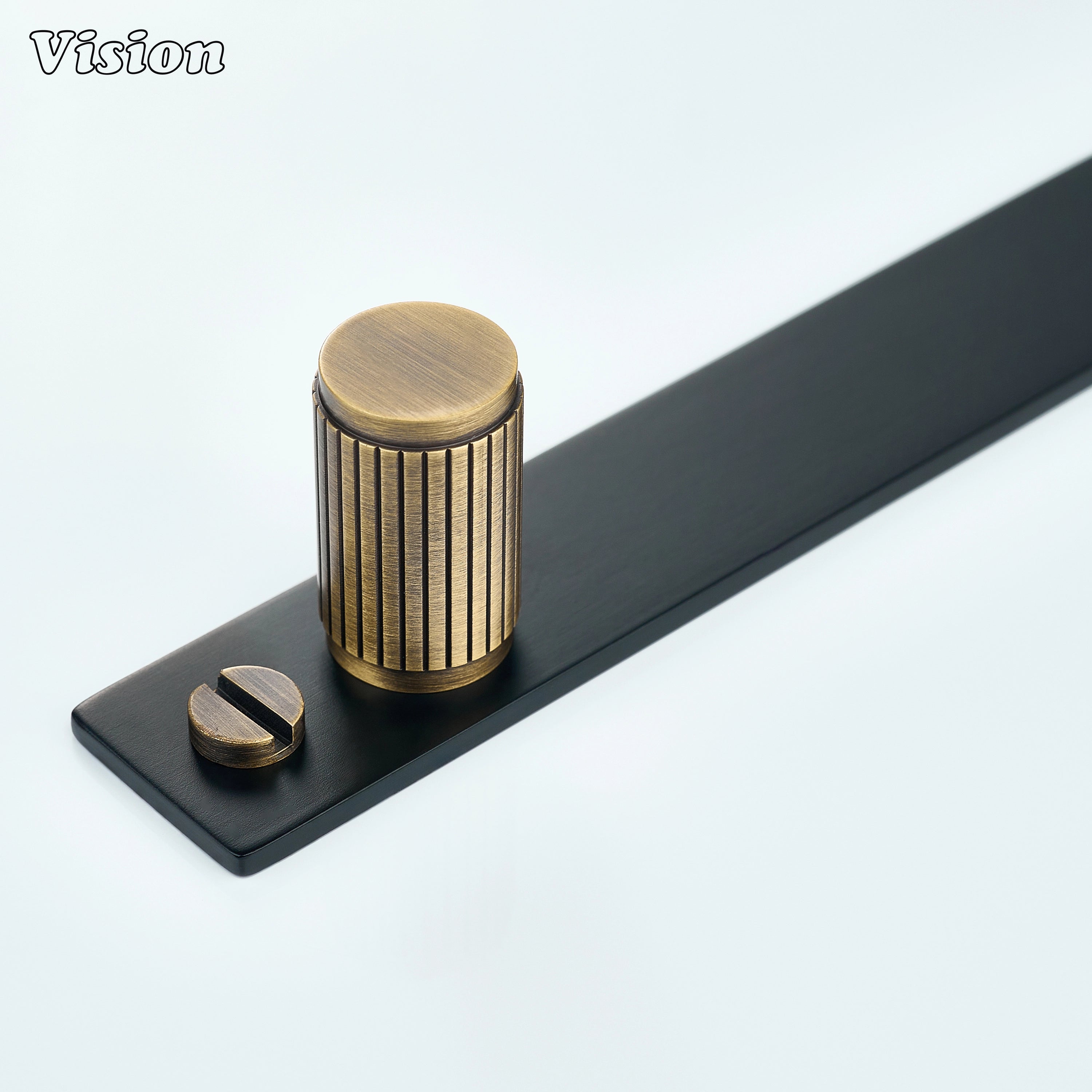 Linear knurled Antique Bronze and Black cabinet knob with cylindrical brass knob on backplate for wardrobes