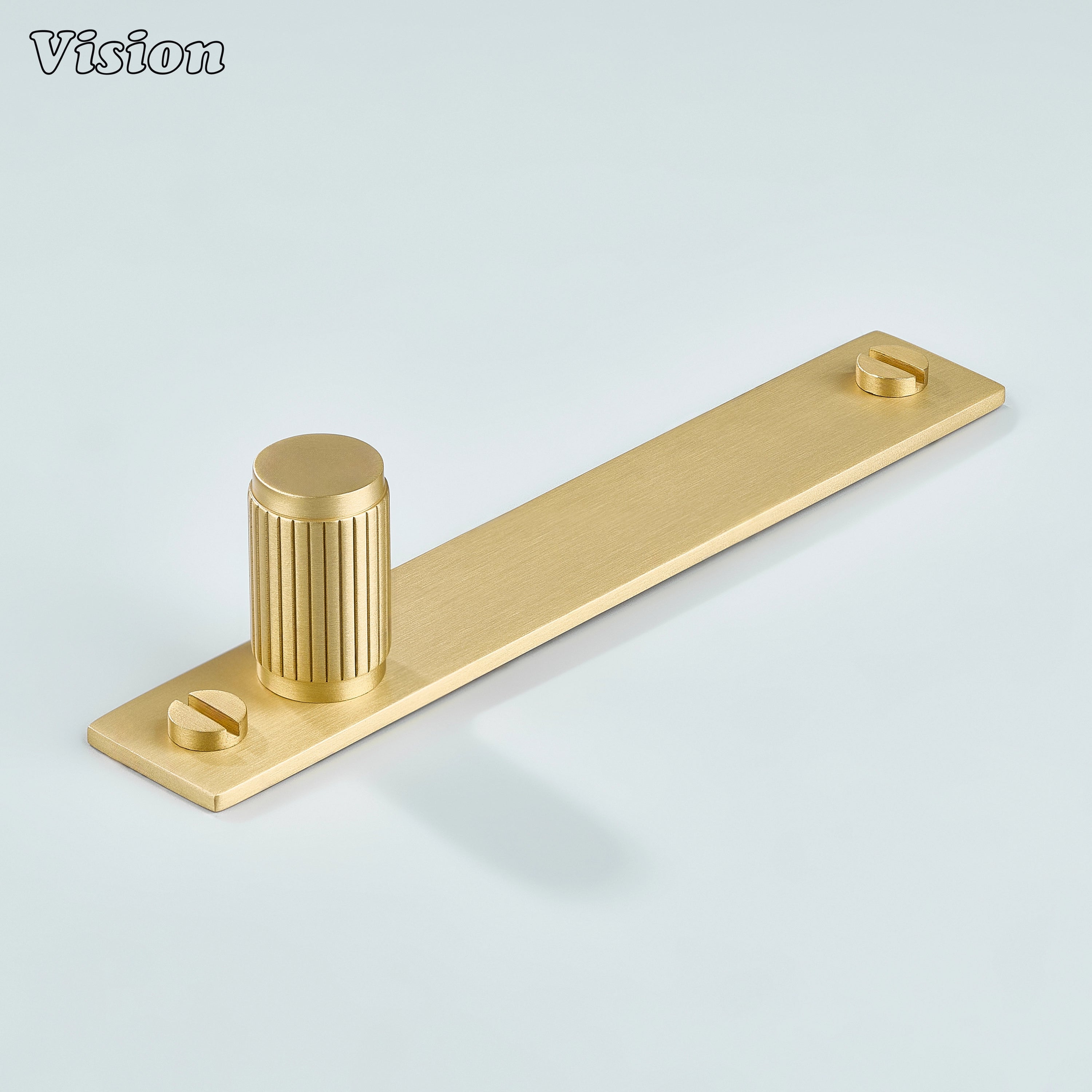Gold linear knurled brass cabinet knob with cylinder knob and rectangular backplate for kitchen cabinets