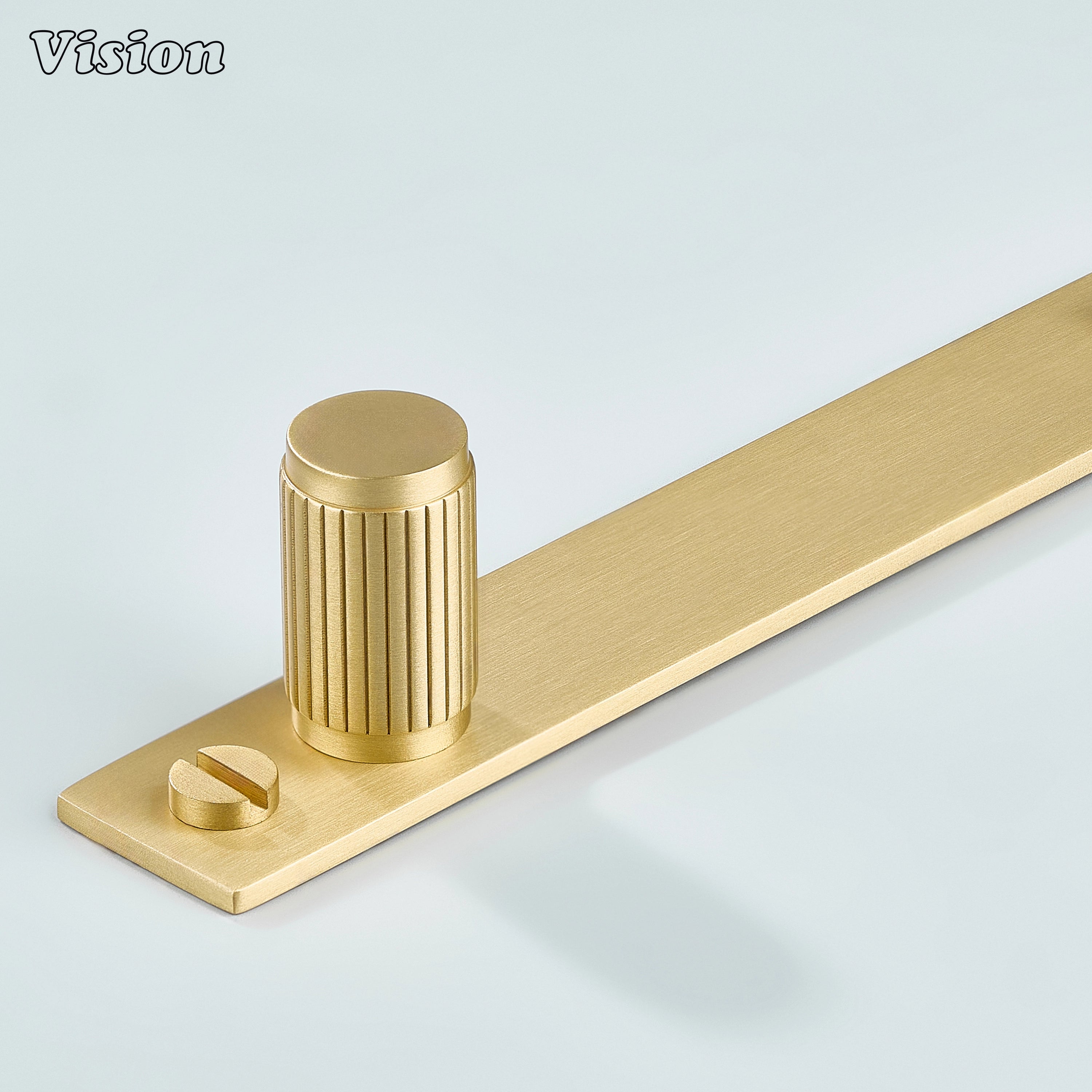 Gold brass cabinet knob with linear profile cylinder and flat backplate for drawers