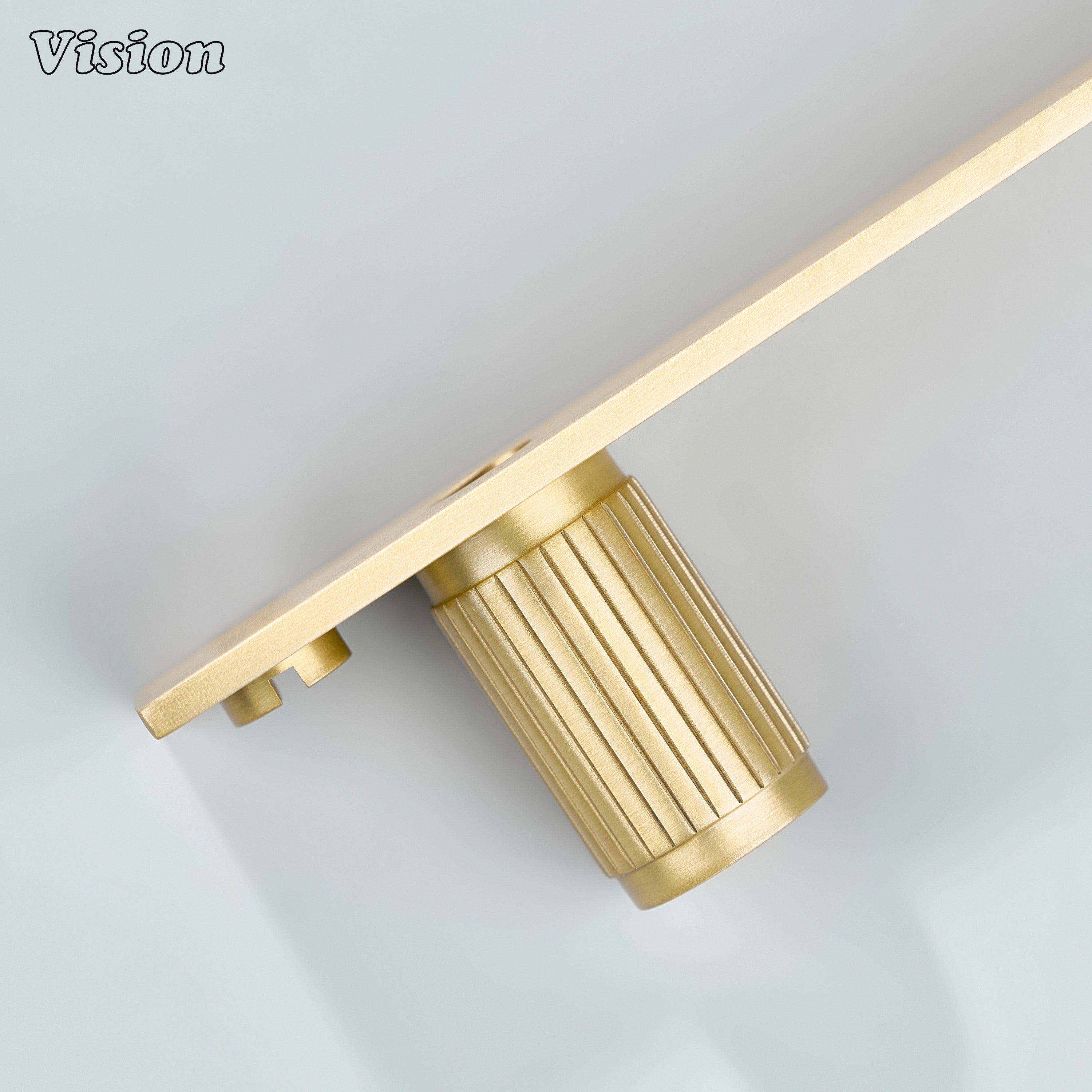 Gold brass cabinet knob with linear knurled cylinder and backplate for interior cabinetry