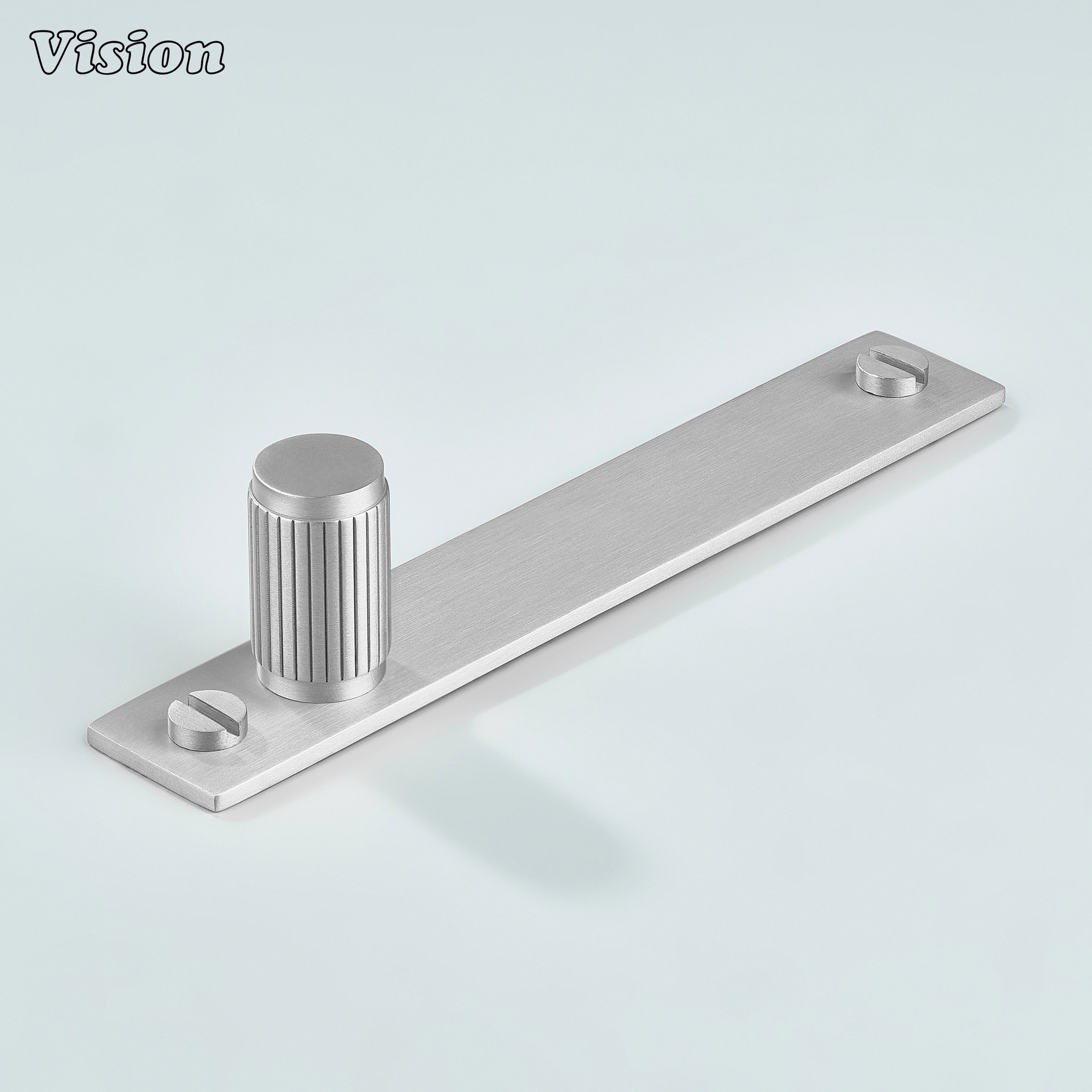 Silver linear knurled brass cabinet knob with cylinder knob and rectangular backplate
