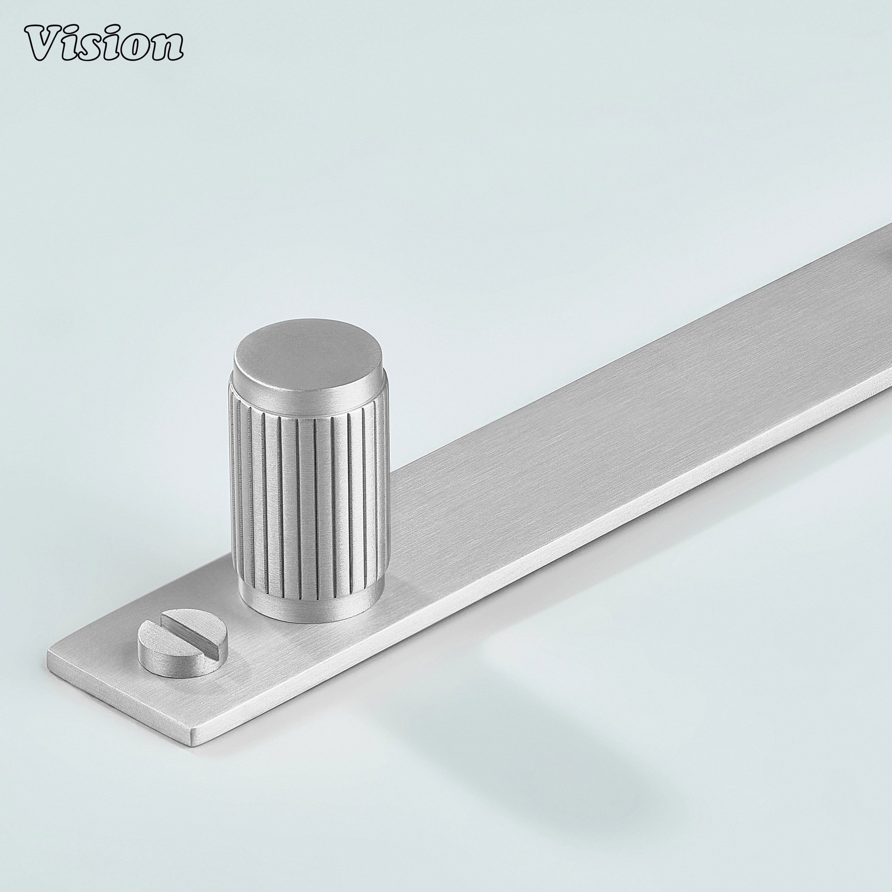 Silver brass cabinet knob with linear cylinder and flat backplate for drawers