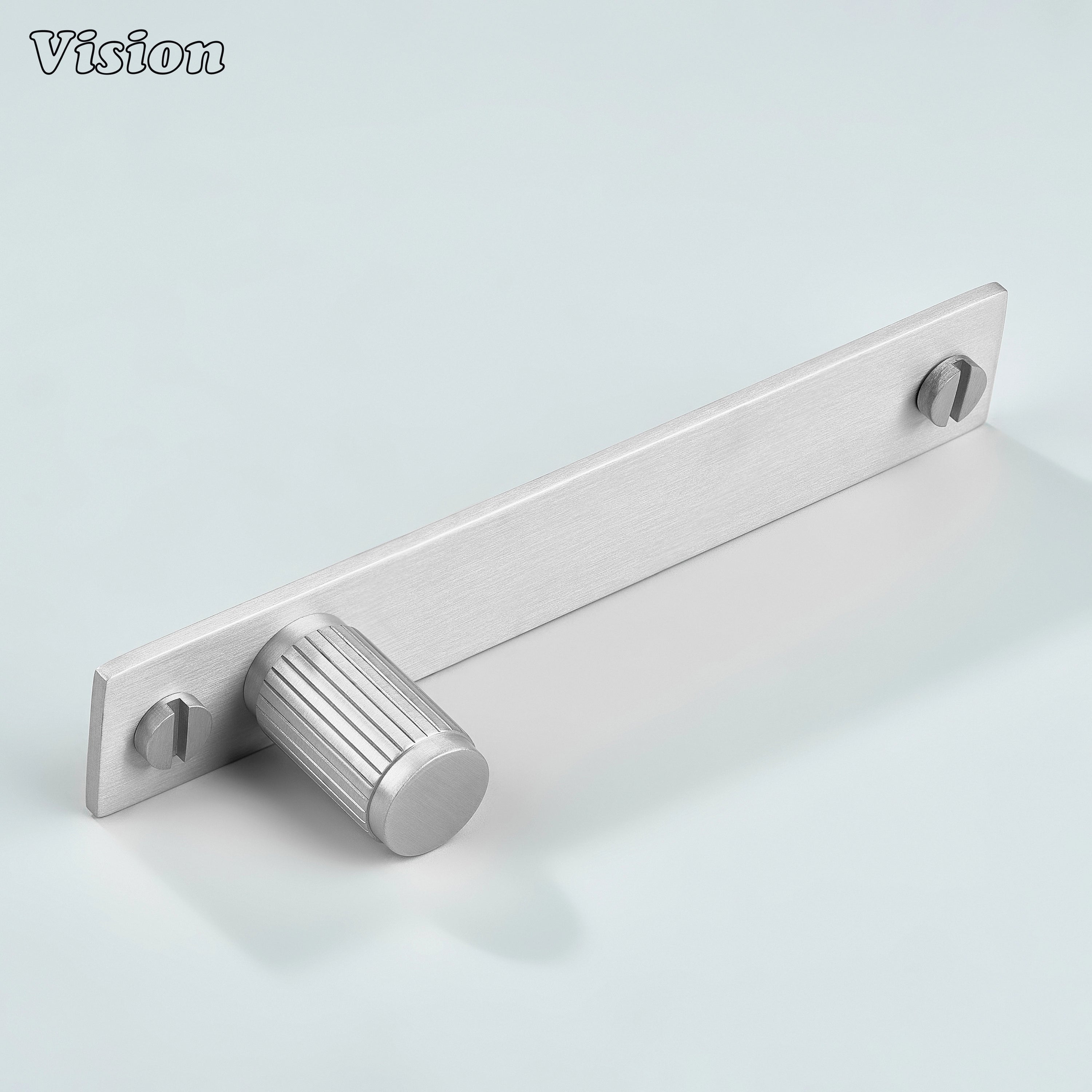 Cylindrical Silver brass cabinet knob mounted on rectangular backplate for wardrobes