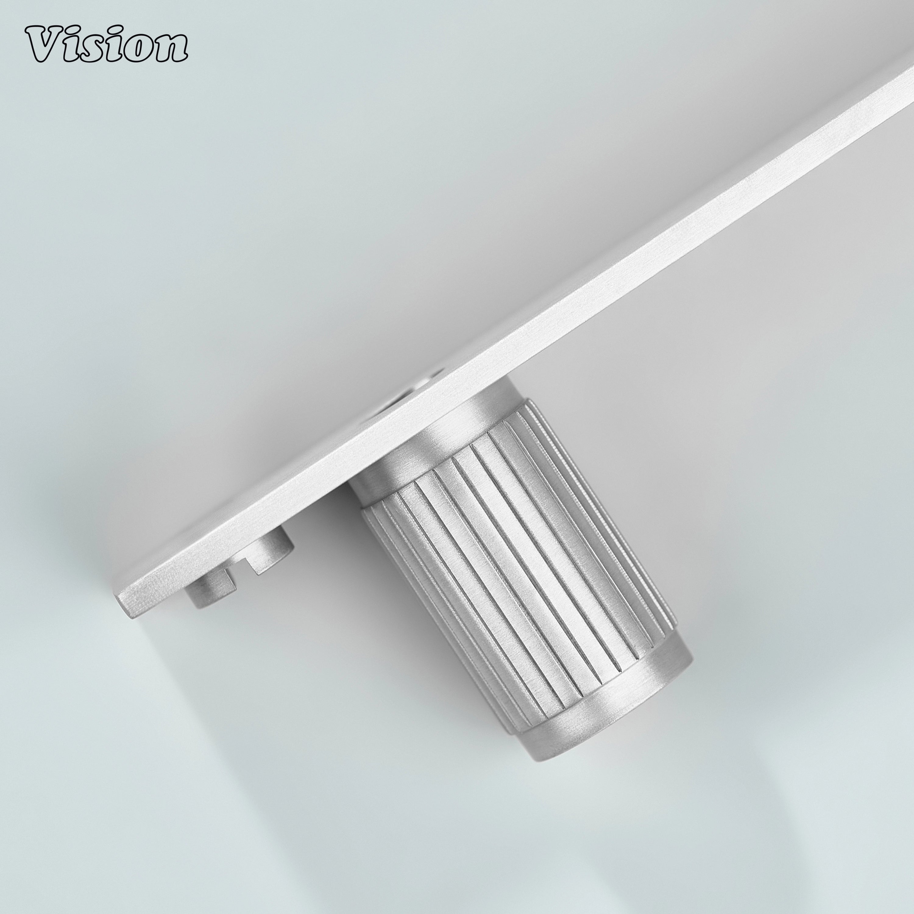 Silver cabinet knob with linear knurled profile and backplate for modern furniture