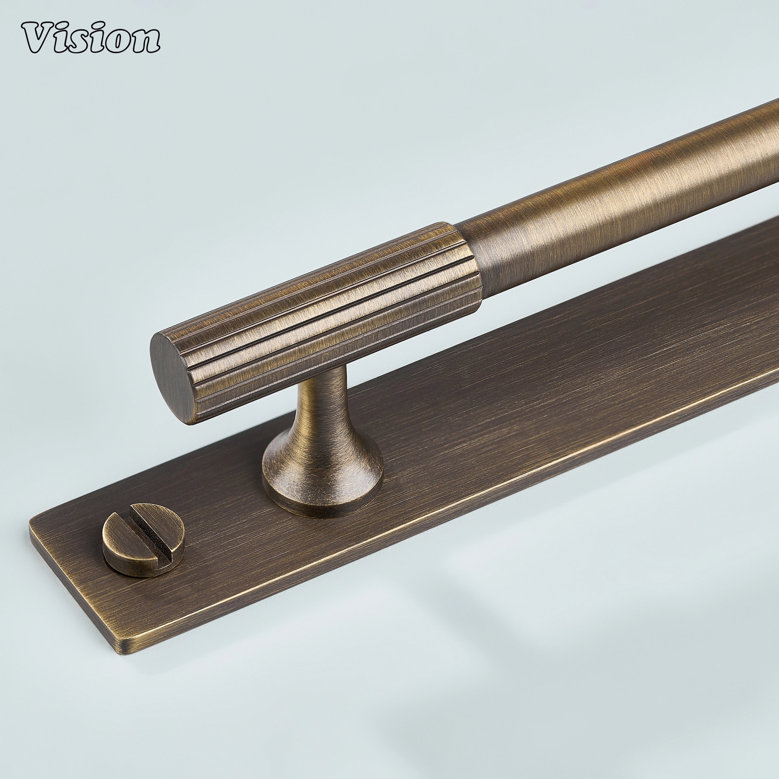 Antique Bronze cabinet handle with linear knurled bar design and backplate for cabinets