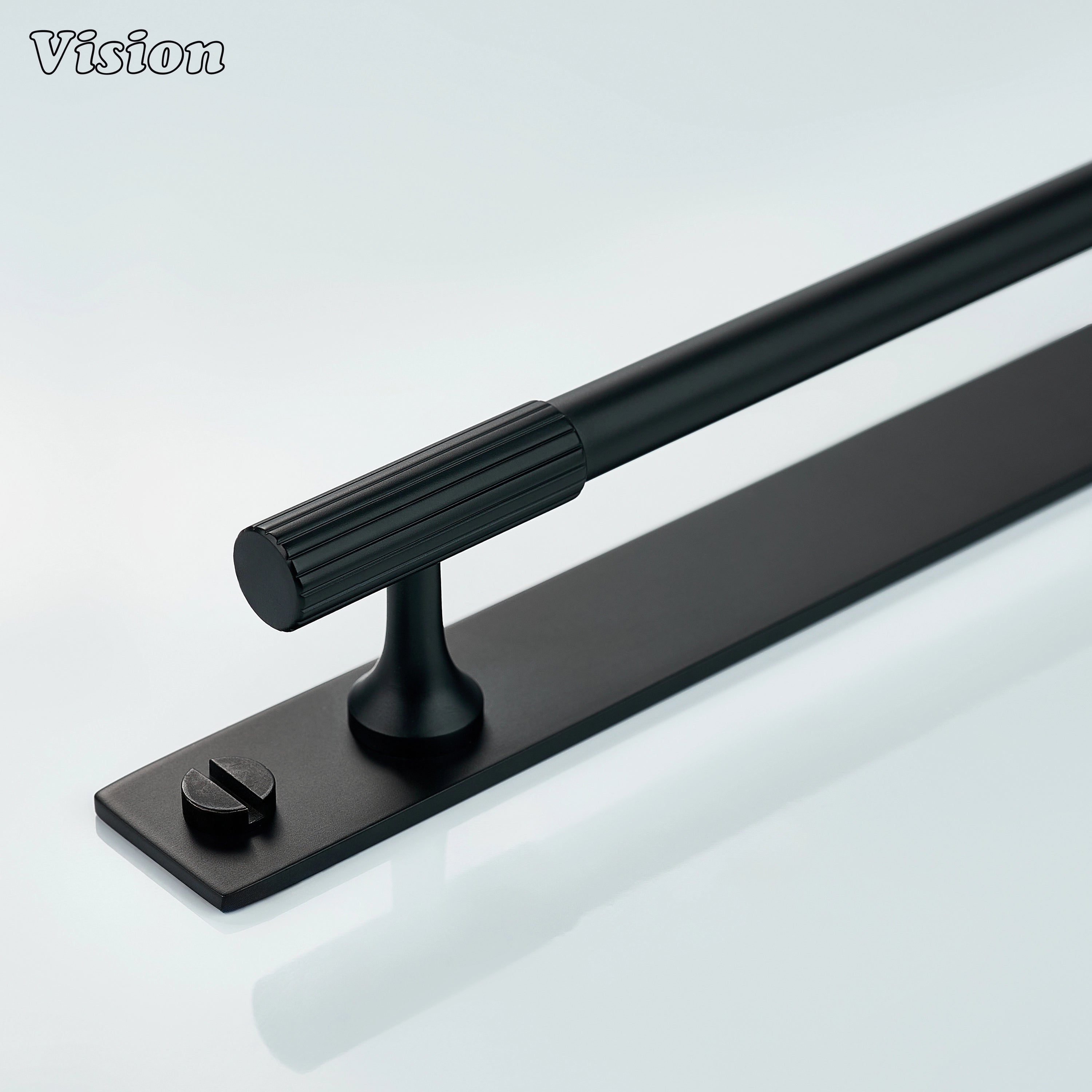 Black cabinet handle with linear knurled bar design and backplate for cabinets