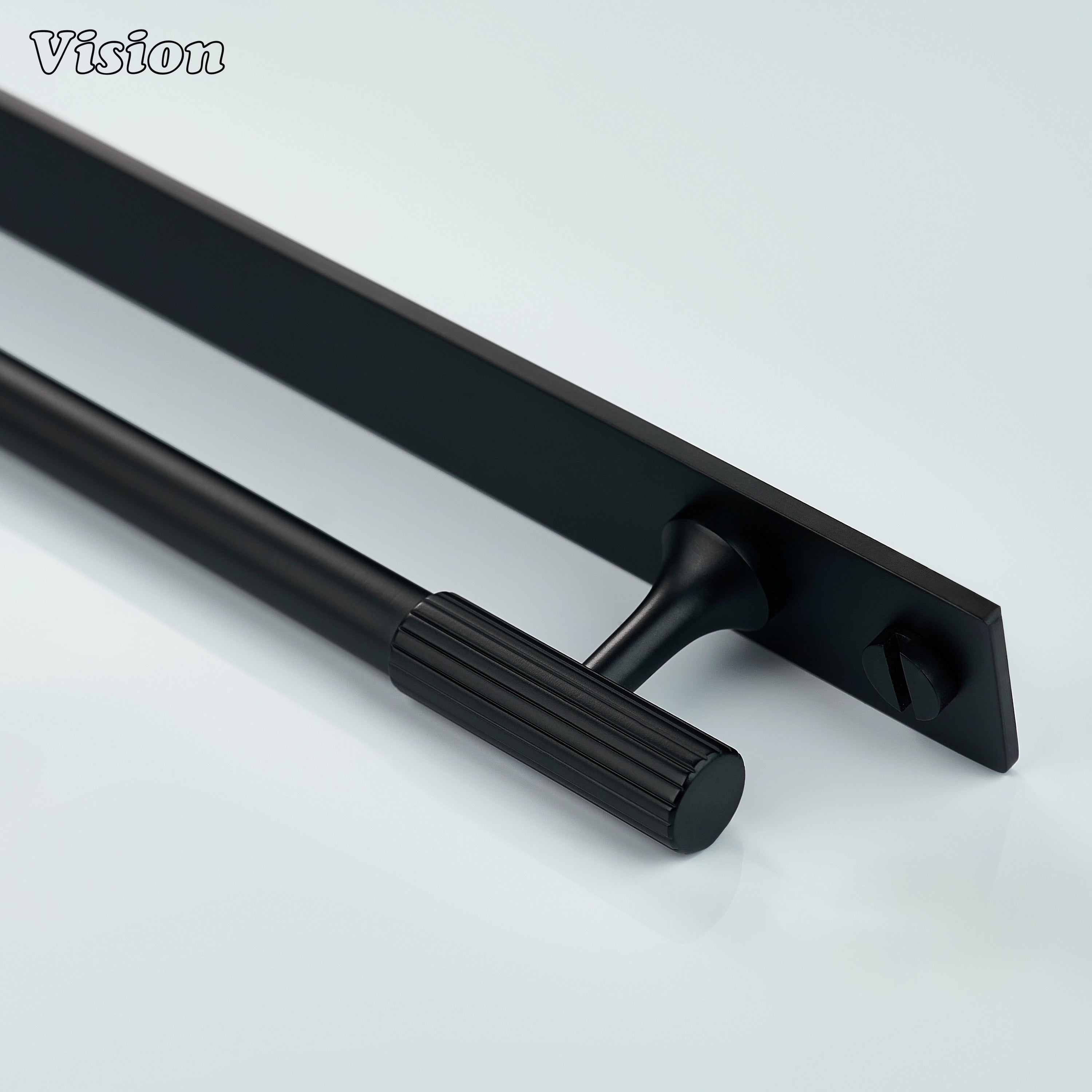 Black cabinet handle with linear profile and backplate for wardrobes