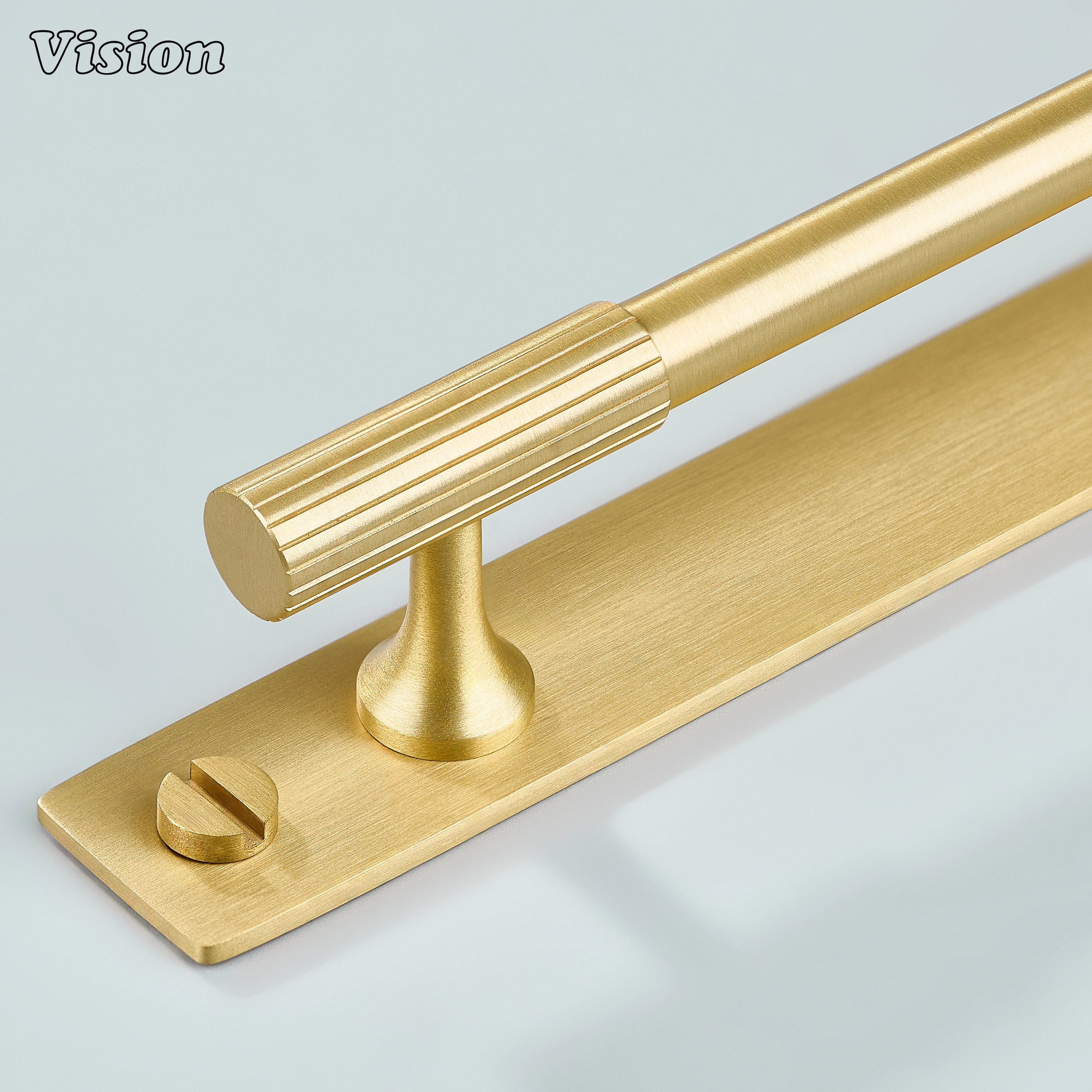 Gold cabinet handle with linear knurled bar design and backplate for kitchen cabinets