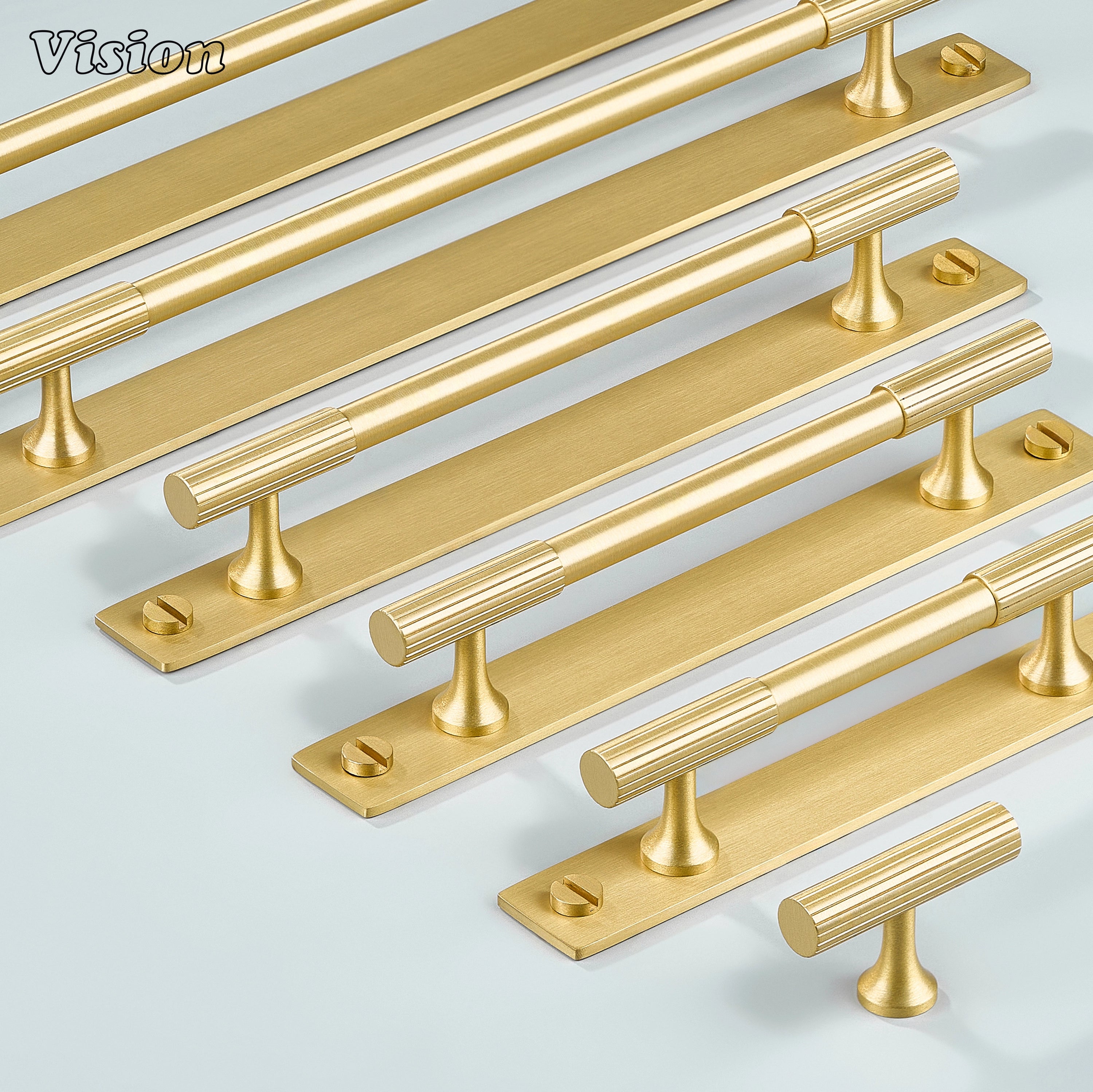 Gold cabinet handle featuring slim bar design with backplate for drawer fronts