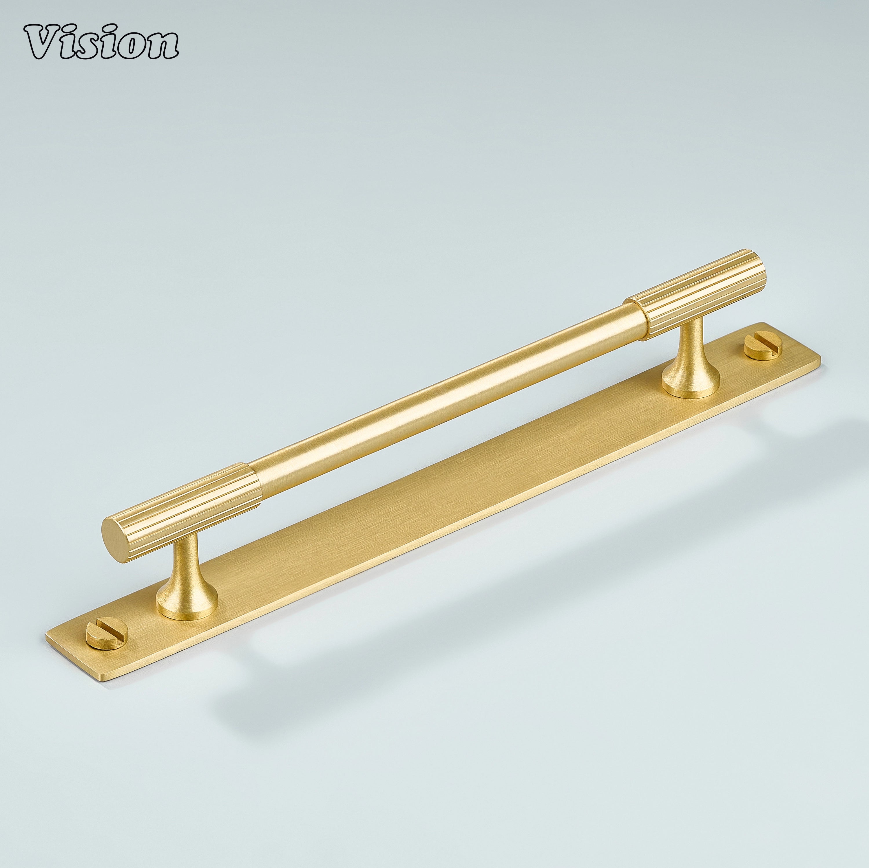 Gold linear knurled cabinet handle with bar grip and backplate for cupboards