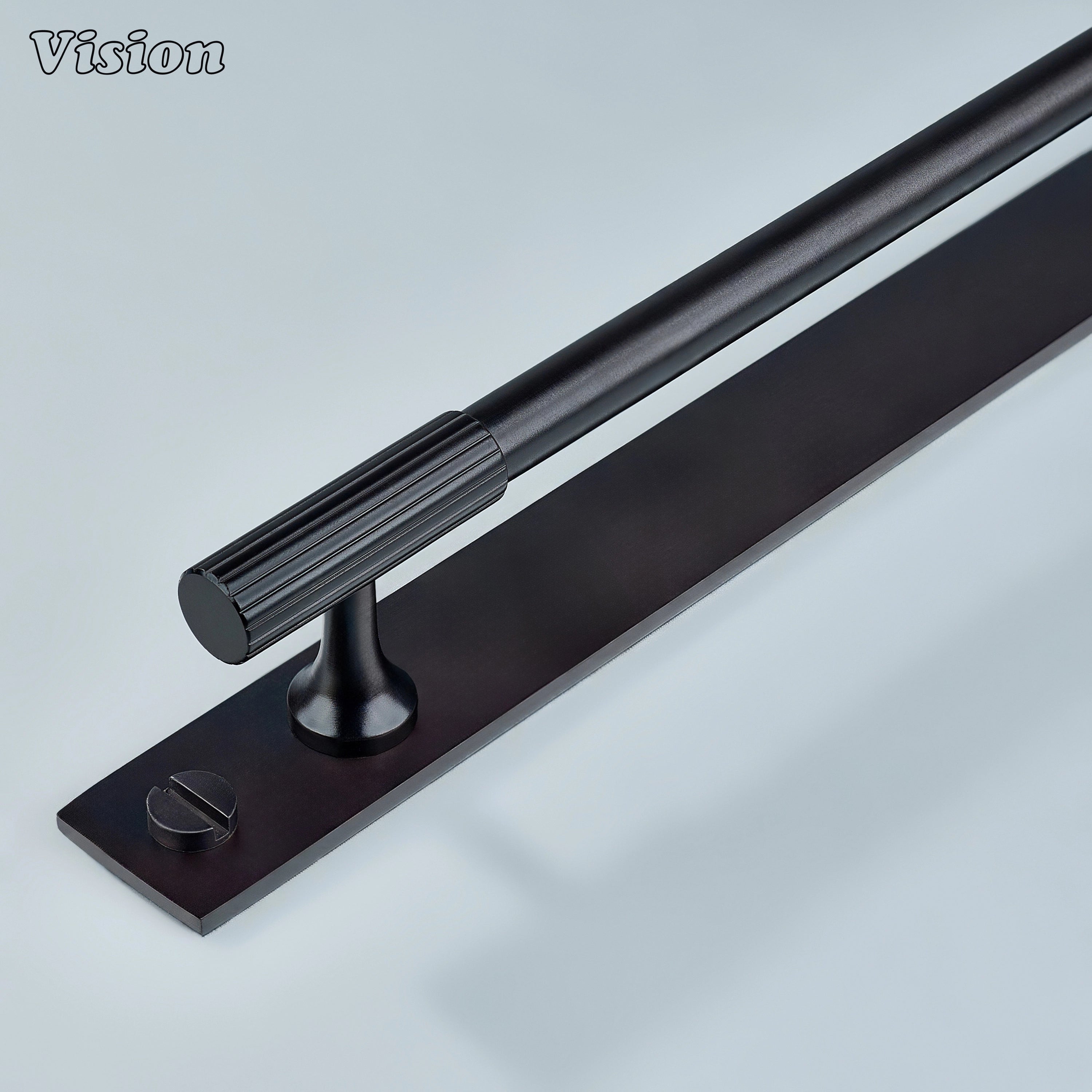 Oil Rubbed Bronze cabinet handle with linear knurled bar design and backplate