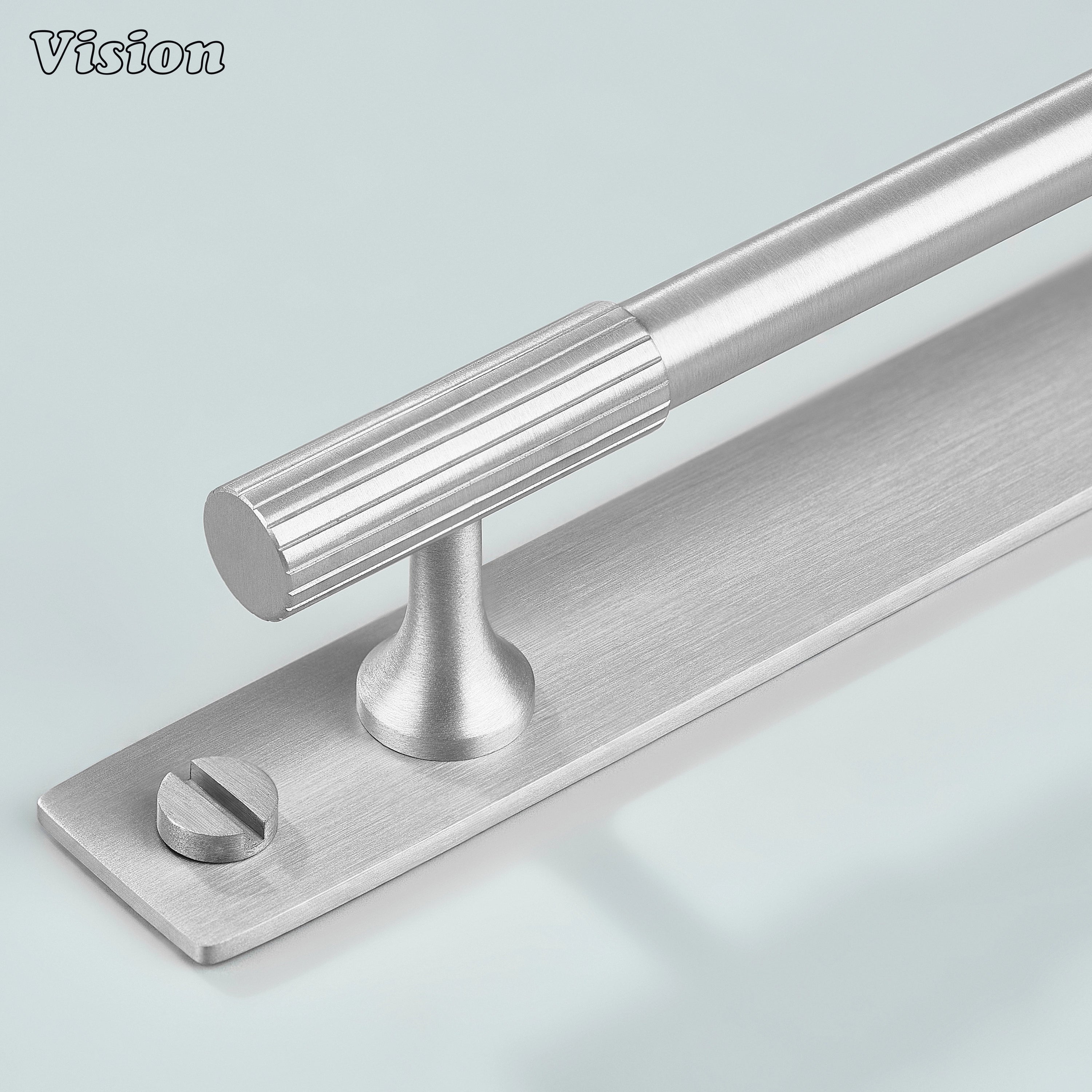 Silver cabinet handle with linear knurled bar design and backplate for cabinets