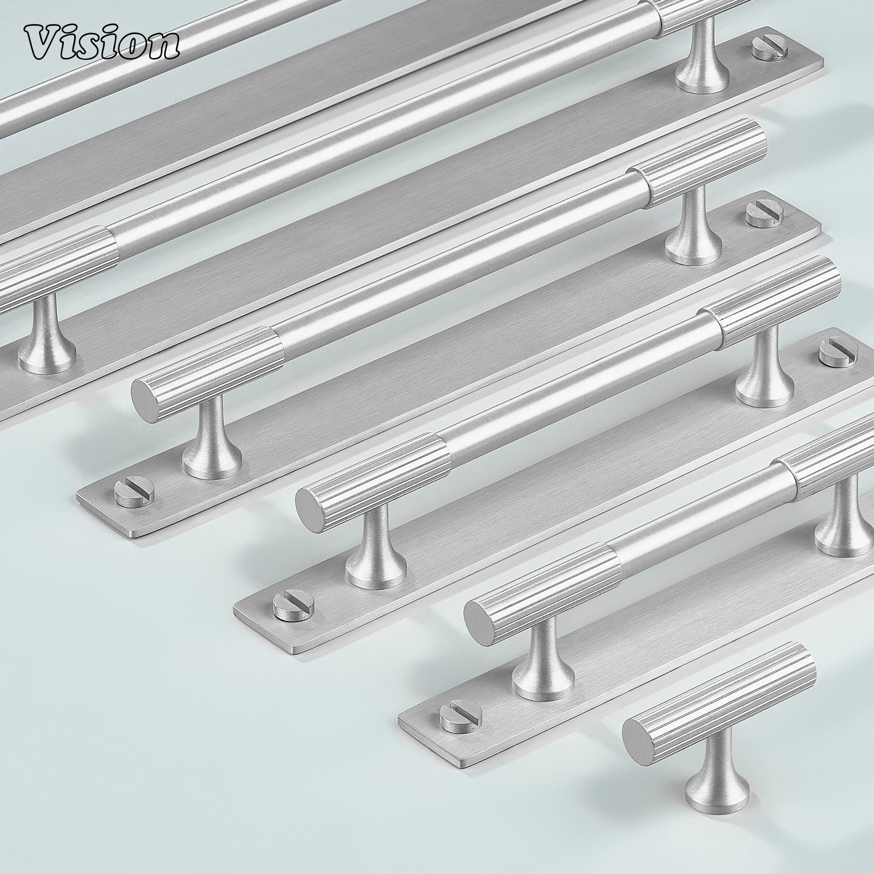 Silver cabinet handle featuring slim bar design with backplate for drawers