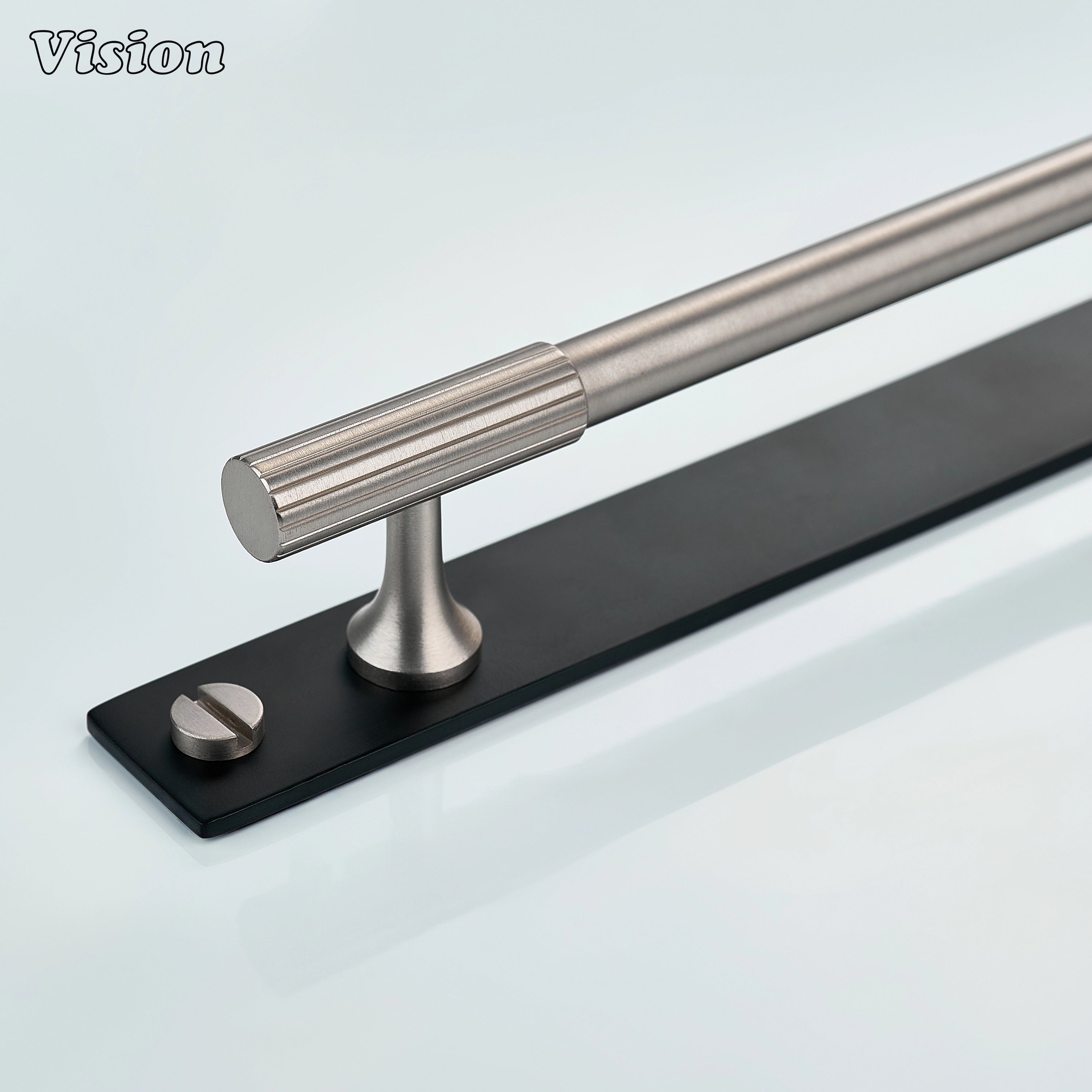 Silver and Black cabinet handle with linear knurled bar and black backplate