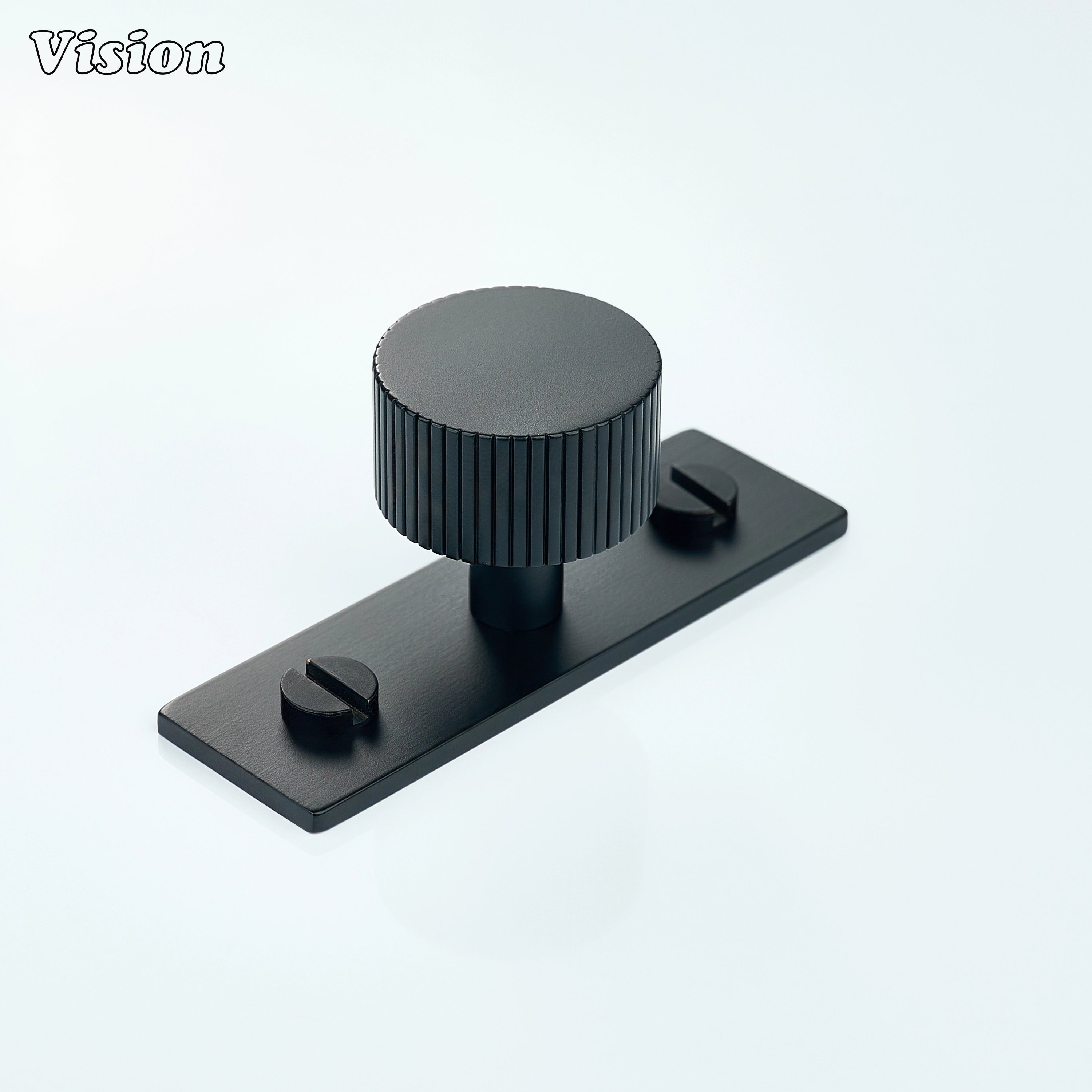 Black cabinet knob with linear knurled round design and backplate for cabinets
