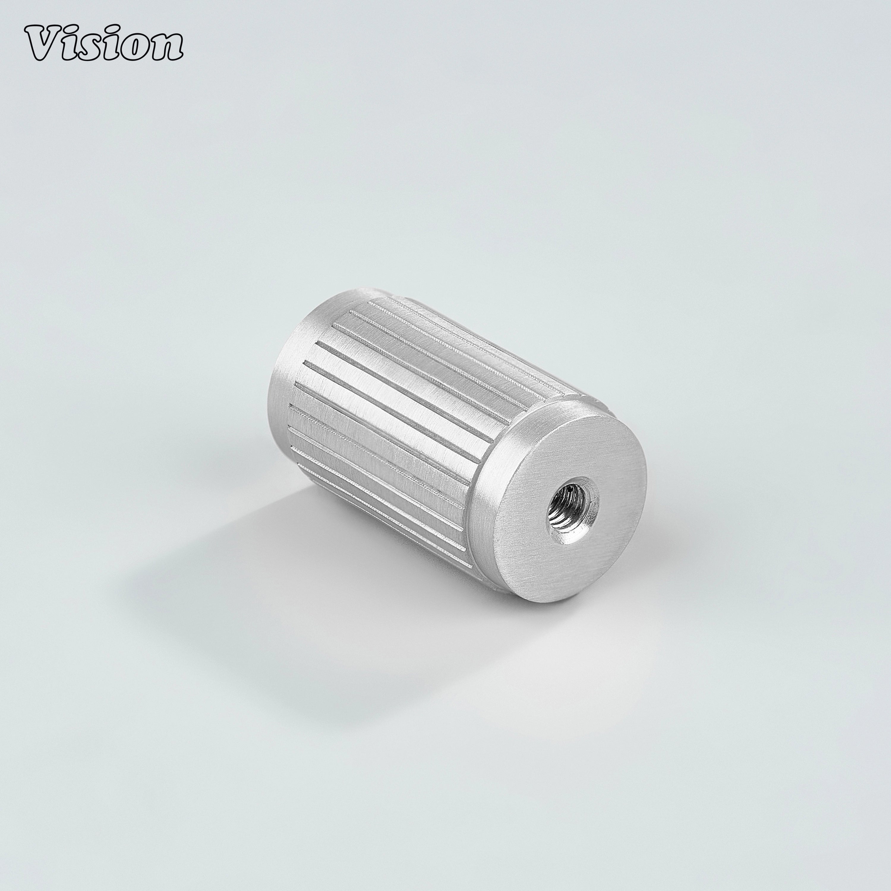 Silver brass cylinder cabinet knob with refined linear profile for drawers
