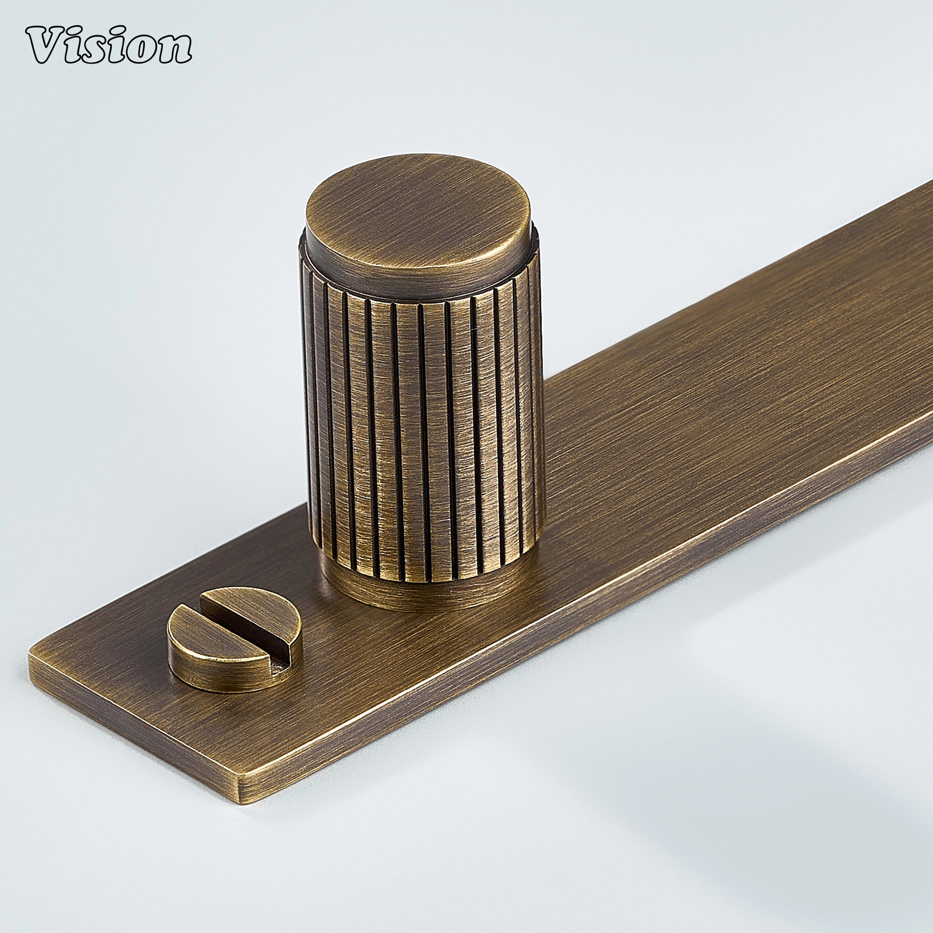 Linear knurled Antique Bronze cabinet knob with cylindrical brass form on backplate for wardrobes